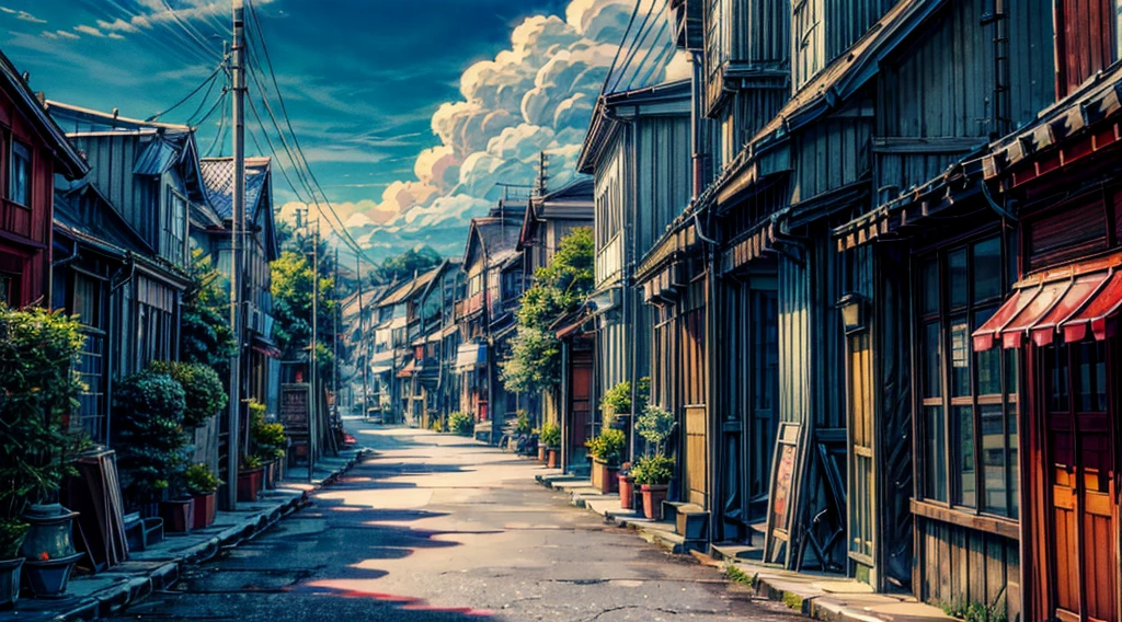 Miyazaki style, HD 4K Wallpaper, The town streets are lined with trees,Blue sky and white clouds,Good sunshine,There are small shops on both sides,Small Cafe,Small Book Bar,Healing style
