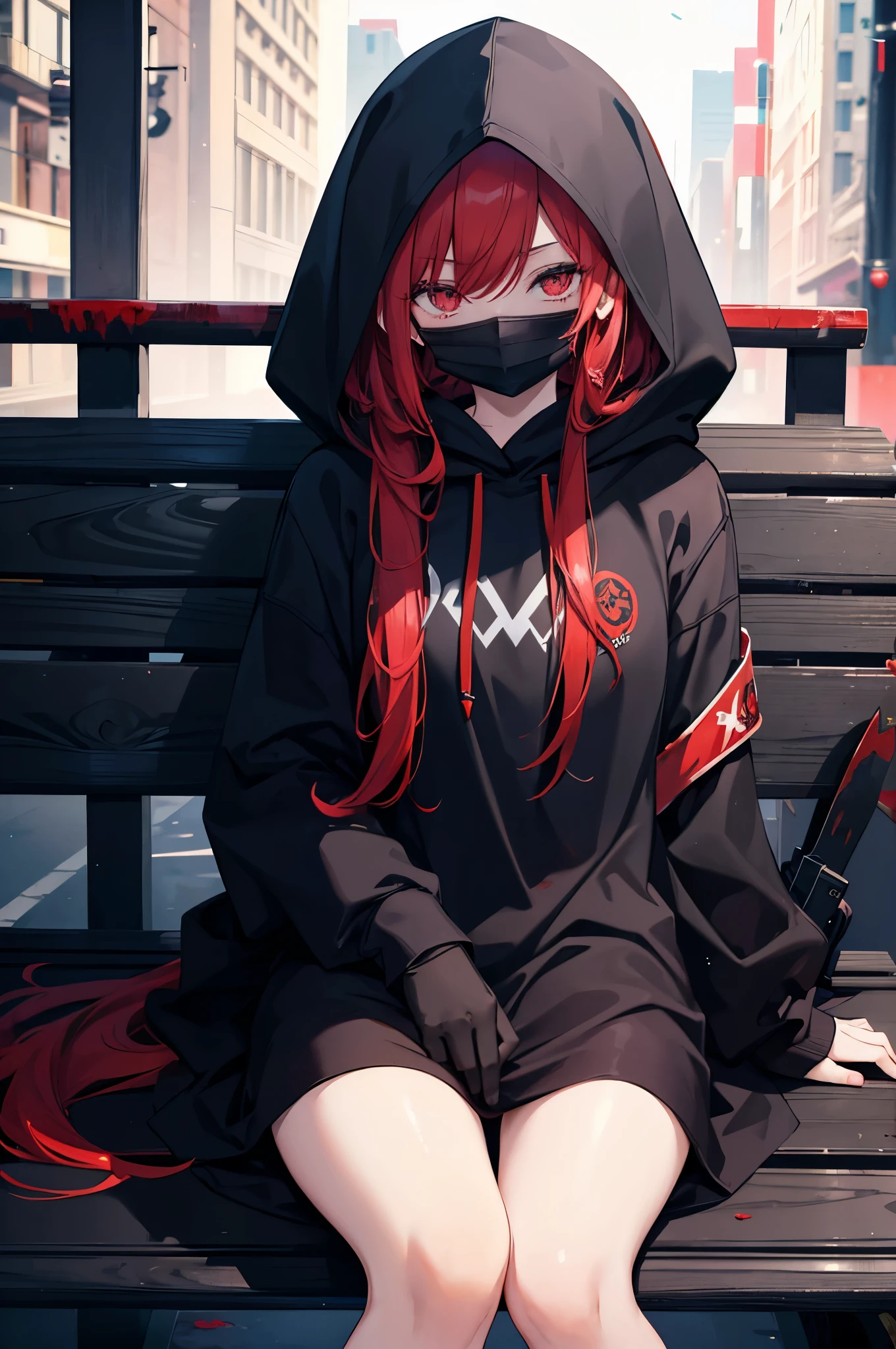 Cute redhead psycho teen girl, long hair, red eyes, headphones, big smile, excited, happy, leather hooded jacket, flat track long pants, mask, stained with blood, sandals, visible feet, soaked clothes, outdoors, midnight, fog, rain, dark ambience, rooftop, noir city,night, sitting on ground, ritual, satanic