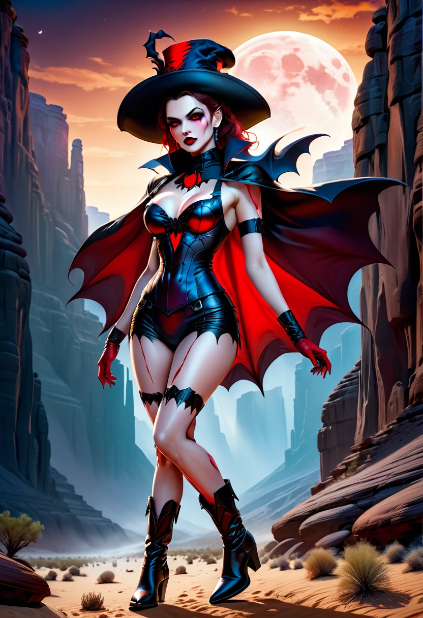 a picture of a female vampire cowboy in the desert night, a goth beauty, exquisite beautiful female vampire, ((anatomically correct: 1.5), (ultra detailed face: 1.2), best detailed face, red glowing eyes, full body, busty, wearing white bottom shirt, short skirt, dynamic color. wearing (cowboy hat: 1.2), wearing high heeled boots, it is night time in the desert, moon light. moon rays, west America desert canyon background, Hyperrealism style, vibrant, Ultra-high resolution, High Contrast, (masterpiece:1.5), highest quality, Best aesthetics), best details, best quality, highres, ultra wide angle, 16k, [ultra detailed], masterpiece, best quality, (extremely detailed) RAW, chumbasket art style, BloodSoakedAI, gothichorrorAI