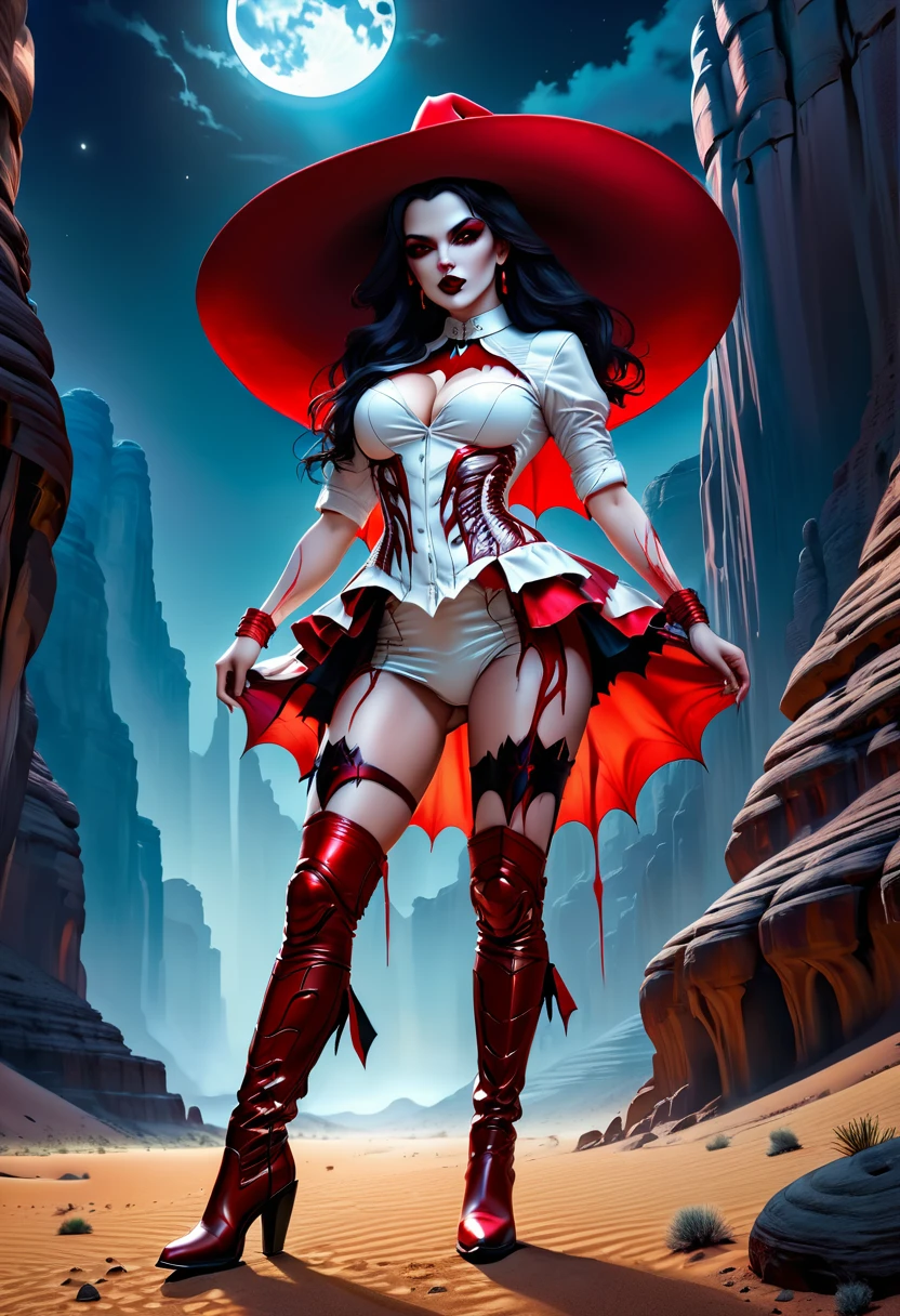 a picture of a female vampire cowboy in the desert night, a goth beauty, exquisite beautiful female vampire, ((anatomically correct: 1.5), (ultra detailed face: 1.2), best detailed face, red glowing eyes, full body, busty, wearing white bottom shirt, short skirt, dynamic color. wearing (cowboy hat: 1.2), wearing high heeled boots, it is night time in the desert, moon light. moon rays, west America desert canyon background, Hyperrealism style, vibrant, Ultra-high resolution, High Contrast, (masterpiece:1.5), highest quality, Best aesthetics), best details, best quality, highres, ultra wide angle, 16k, [ultra detailed], masterpiece, best quality, (extremely detailed) RAW, chumbasket art style, BloodSoakedAI, gothichorrorAI