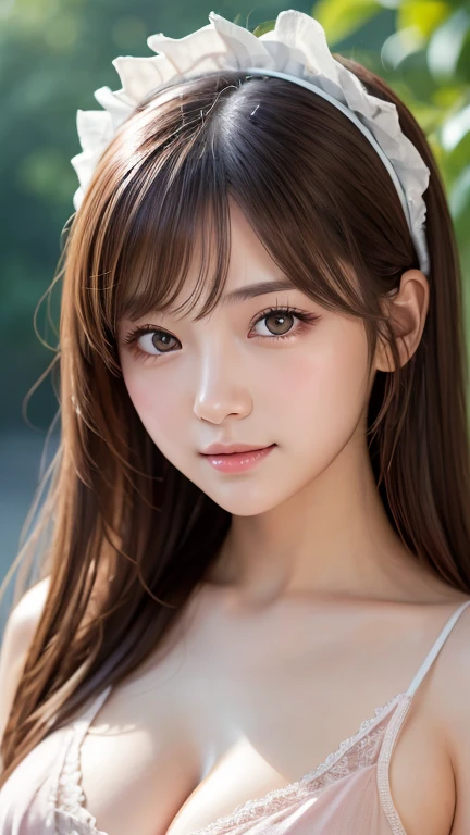 (One girl), Brown Hair, Great face and eyes, Pink Eyes, (Amazingly beautiful girl), Brown Hair, (Highest quality:1.4), (Very detailed), (Very detailed CG 統合 8k 壁紙), Very detailed, High resolution raw color photos, Professional photography, Depth of written boundary, messy hair、smile:1.1、Brown checked maid outfit、Headdress、Small breasts、cleavage 、Fine frillessy hair