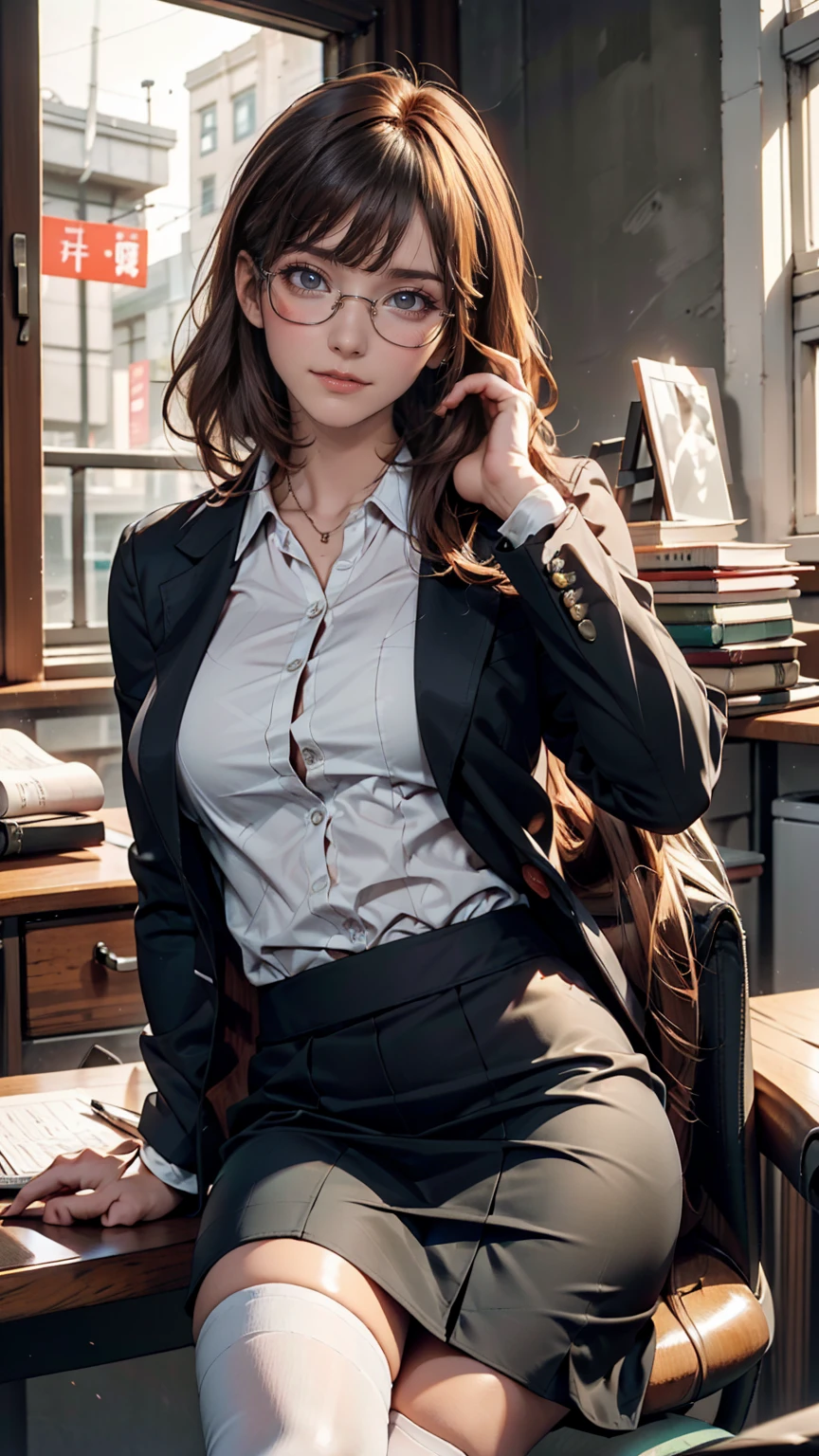 A woman is sitting in a chair with a laptop, 厳格な黒のWearing a business suit, sitting on the desk, In a strict suit, on the desk, Dressed in a strict suit, Japanese Goddess, Knee socks and skirt, She sat at the desk, Sitting at the table, Sitting at a desk, Wearing a business suit, Elegant legs, Seductively facing forward, Crossing your legs, Sakura Futaba, Orange Hair, Blunt bangs, Purple eyes, Purple eyes, Glasses, White button-up shirt, Headphones, thick, Green jacket, 24-year-old woman、Sexy proportionature female body、Sexy proportionakeup、Lips with red lipstick、Textured skin((textured skin))、smile、Narrow waist