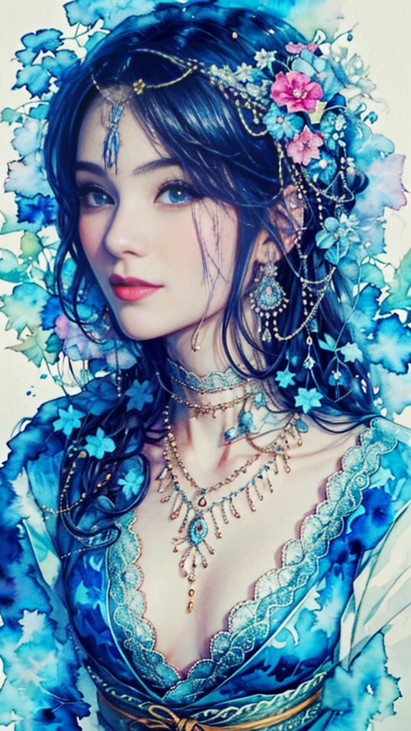 Photorealistic, High resolution, 1womanl, Solo, hips up high, look at viewr, A slight smil,(Detailed face),Japan Kimono, jewely、Gorgeous 20 year old girl、Pedras preciosas、watercolor