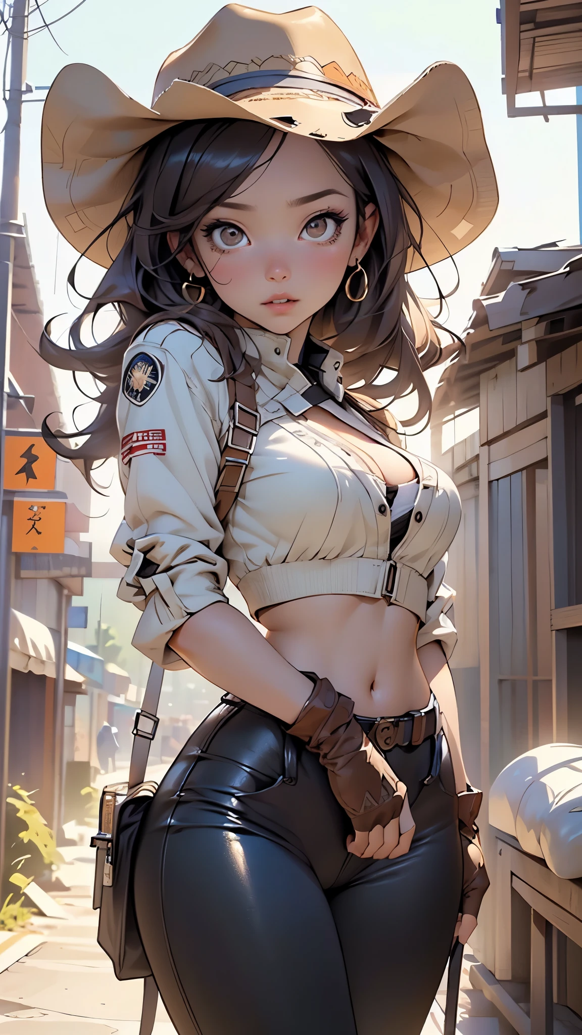 western girl,1girl,
(large breasts:1.5),((brunette hair,long brunette hair)),(((brown_eyes:1.3))),intricate eyes,beautiful detailed eyes,symmetrical eyes,((((lustrous skin:1.5,bright skin: 1.5,shiny skin,very shiny skin,shiny body)))),(spider lower abdomen,narrow waist,wide hip,athletic body,inflated legs,thick thighs),(((detailed face))),beautiful detailed lips, tiny waist,
cute,slutty,sensual,seductive look,seductive,((erotic)),(((nsfw))),
((cowboy hat:1.5, cowboy western)), ((leather legging)), rogue, cheerful, western, leather chaps,navel,(brown gloves,(fingerless gloves)),cleavage,
dynamic pose,looking at viewer,embarrassed,centered,scale to fit dimensions,Rule of thirds,
outdoors,(in the mountains. Nevada desert visible. sunset),scenery,extremely scenery,(sunset, golden hour),
(Glossy old western ornaments),highres,sharp focus,(ultra detailed,extremely detailed),(photorealistic artwork:1.37),(extremely detailed CG unity 8k wallpaper),(((vibrant colors,vibrant theme))),(intricate),(masterpiece),(best quality),artistic photography,(photography taken by sldr),(intricate background),perfect rendered face,perfect face details,realistic face,photo realistic,((intricate detail)),(((realism))),
