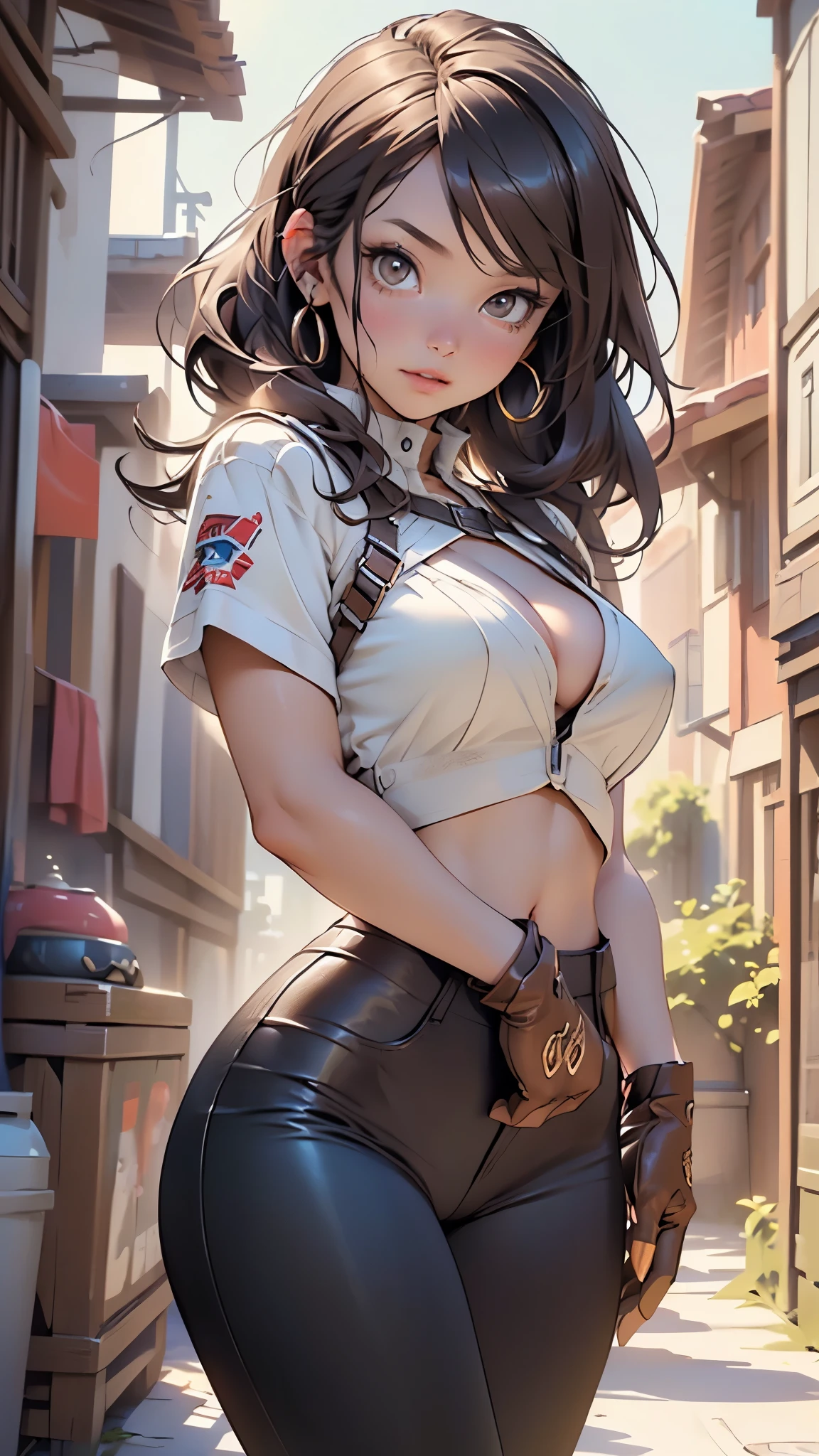 western girl,1girl,

(large breasts:1.5),((brunette hair,long brunette hair)),(((brown_eyes:1.3))),intricate eyes,beautiful detailed eyes,symmetrical eyes,((((lustrous skin:1.5,bright skin: 1.5,shiny skin,very shiny skin,shiny body)))),(spider lower abdomen,narrow waist,wide hip,athletic body,inflated legs,thick thighs),(((detailed face))),beautiful detailed lips, tiny waist,

cute,slutty,sensual,seductive look,seductive,((erotic)),(((nsfw))),
 
((cowboy hat:1.5, cowboy western)), ((leather legging)), rogue, cheerful, western, leather chaps,navel,(brown gloves,(fingerless gloves)),cleavage, 

dynamic pose,looking at viewer,embarrassed,centered,scale to fit dimensions,Rule of thirds,

outdoors,(in the mountains. Nevada desert visible. sunset),scenery,extremely scenery,(sunset, golden hour),

(Glossy old western ornaments),highres,sharp focus,(ultra detailed,extremely detailed),(photorealistic artwork:1.37),(extremely detailed CG unity 8k wallpaper),(((vibrant colors,vibrant theme))),(intricate),(masterpiece),(best quality),artistic photography,(photography taken by sldr),(intricate background),perfect rendered face,perfect face details,realistic face,photo realistic,((intricate detail)),(((realism))),
