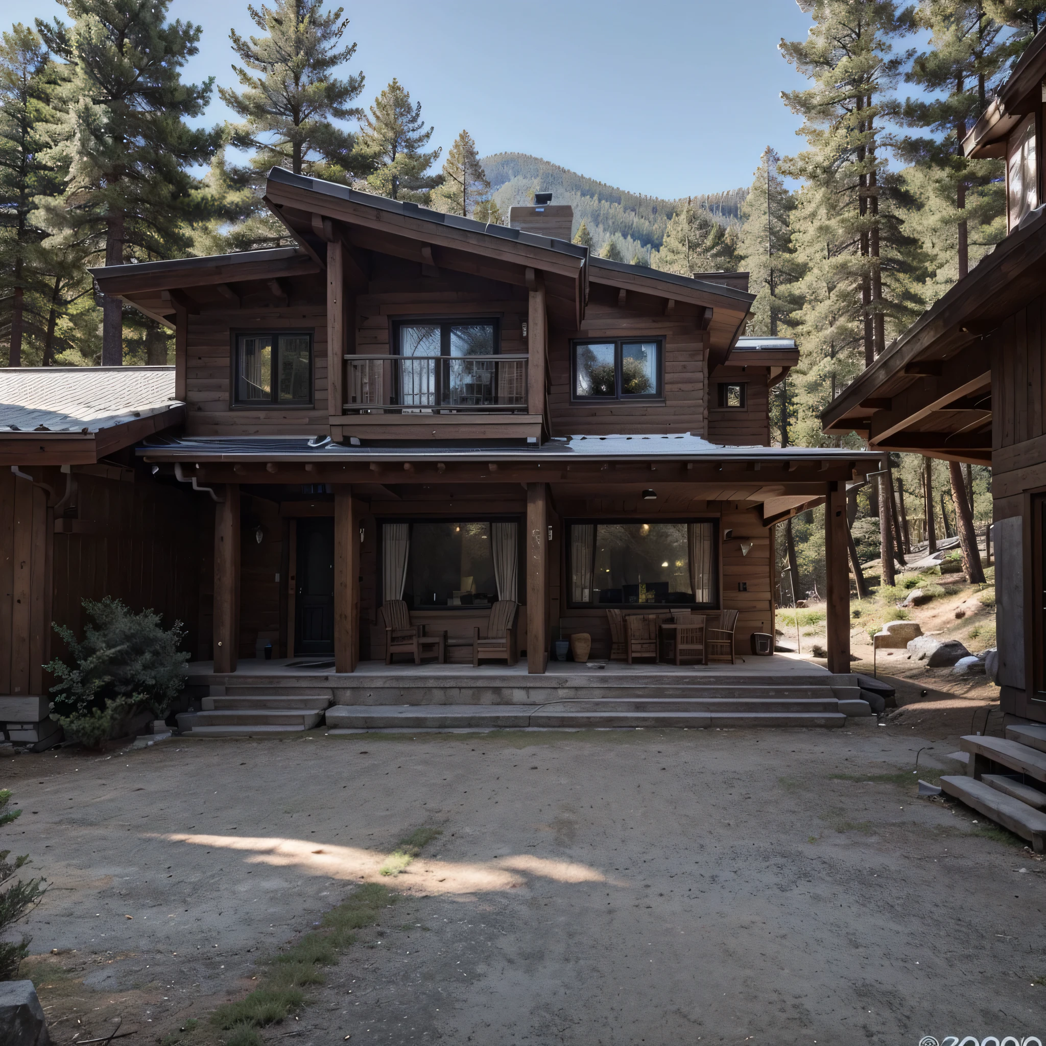 I need a photo of a 2-story house. It's not too big but quite stylish. This house is located in the mountains and there are many pine trees around it. The facade of the house is light gray and made of brick and the roof of the house is dark gray with four pitches. All this in the photo should be mega realistic. This house is worth approximately 200,000 thousand dollars. It doesn't look too fancy, but it's quite neat.
in the photo i need see the mountains