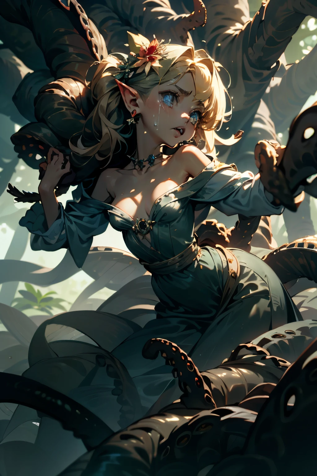 ((best quality)), ((masterpiece)), (detailed), 1 fairy girl, off-shoulder sweater, a fairy, fairy girl, winged pixie girl, girl fairy, various different types of insect wings, small breasts, NSFW,Covered with tentacles, encoiled by tentacles, Tentacles around the body, many tentacles, captured by tentacles, bound by tentacles, trapped by tentacles, Fine details,Tentacled,Tied with tentacles, roaming tentacles, drooling,Crying,horrified expression, panic, fight for survival, Detailed body,Full limbs,NSFW, being pulled into a flower, wild environment, jungle, terrifying floral environment, horrific nature, predatory flora, fairy catcher, fairy trapper, fairy catcher plant, fairy trapper-plant, fairy catcher flower, fairy trapper-flower inspired by carnivorous plants; a plant occupying the equivelant evolutionary niche as a spider would