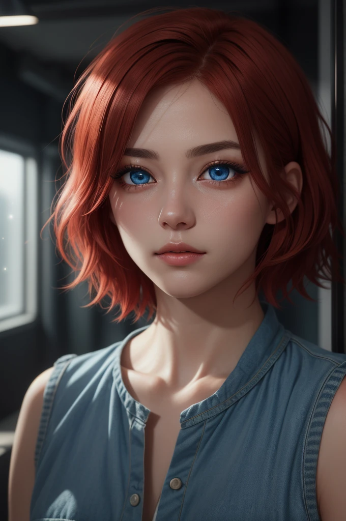 Light particles, soft lighting, volumetric lighting,
1girl, single,
red hair, short hair,
Blue eyes, long eyelashes, thick eyelashes, looking at the scenes,