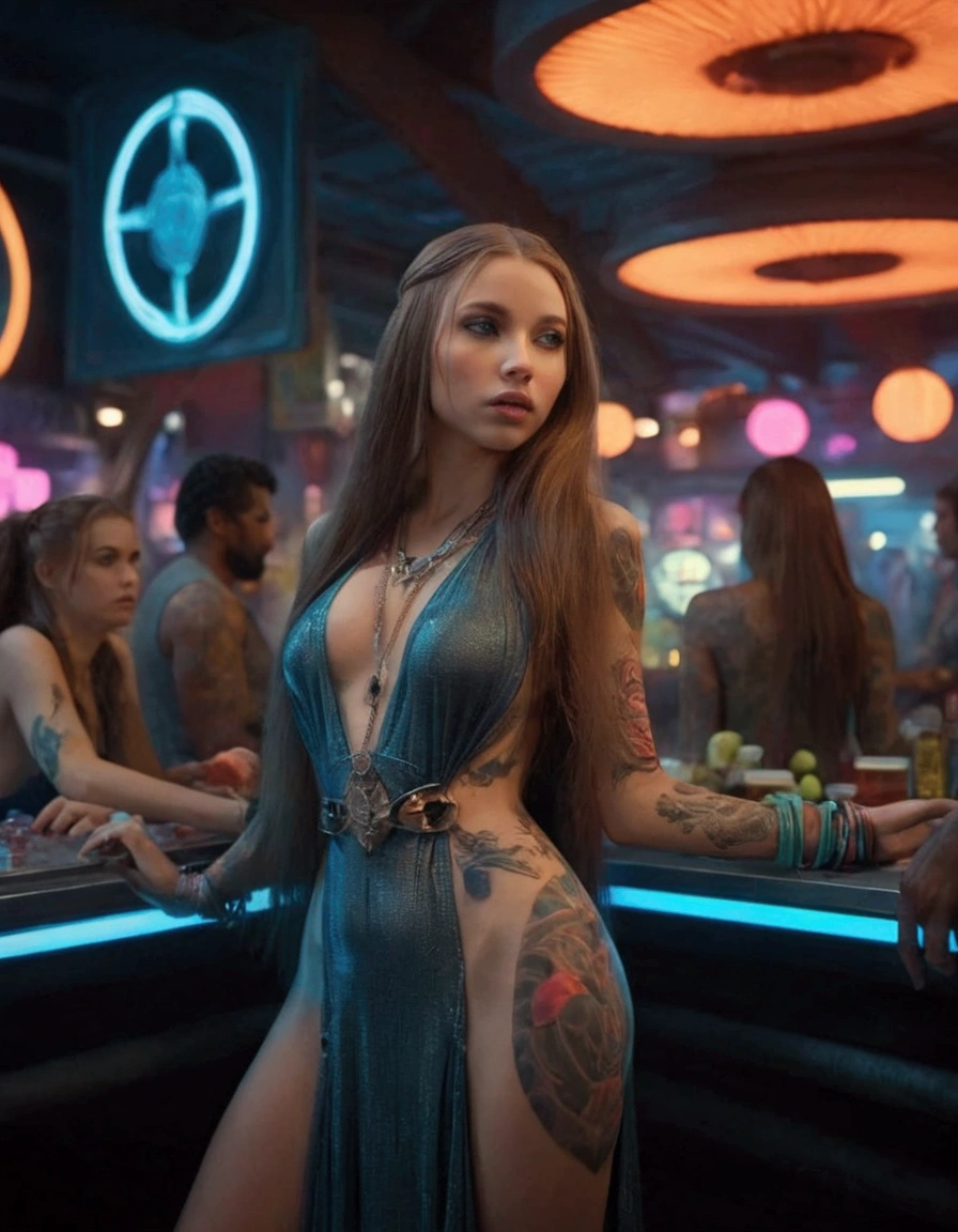 a lovely woman in an airy dress, marketplace on tattooine, aliens, star wars, cyberpunk, neon lights, crowd, futuristic, vibrant colors, detailed, photorealistic, 8k, high quality, cinematic, dynamic pose, beautiful girl, long flowing hair, intricate dress design, alien vendors, bustling marketplace, scifi atmosphere, dramatic lighting, advanced technologies, retro-futuristic, gritty urban, synergistic blend
