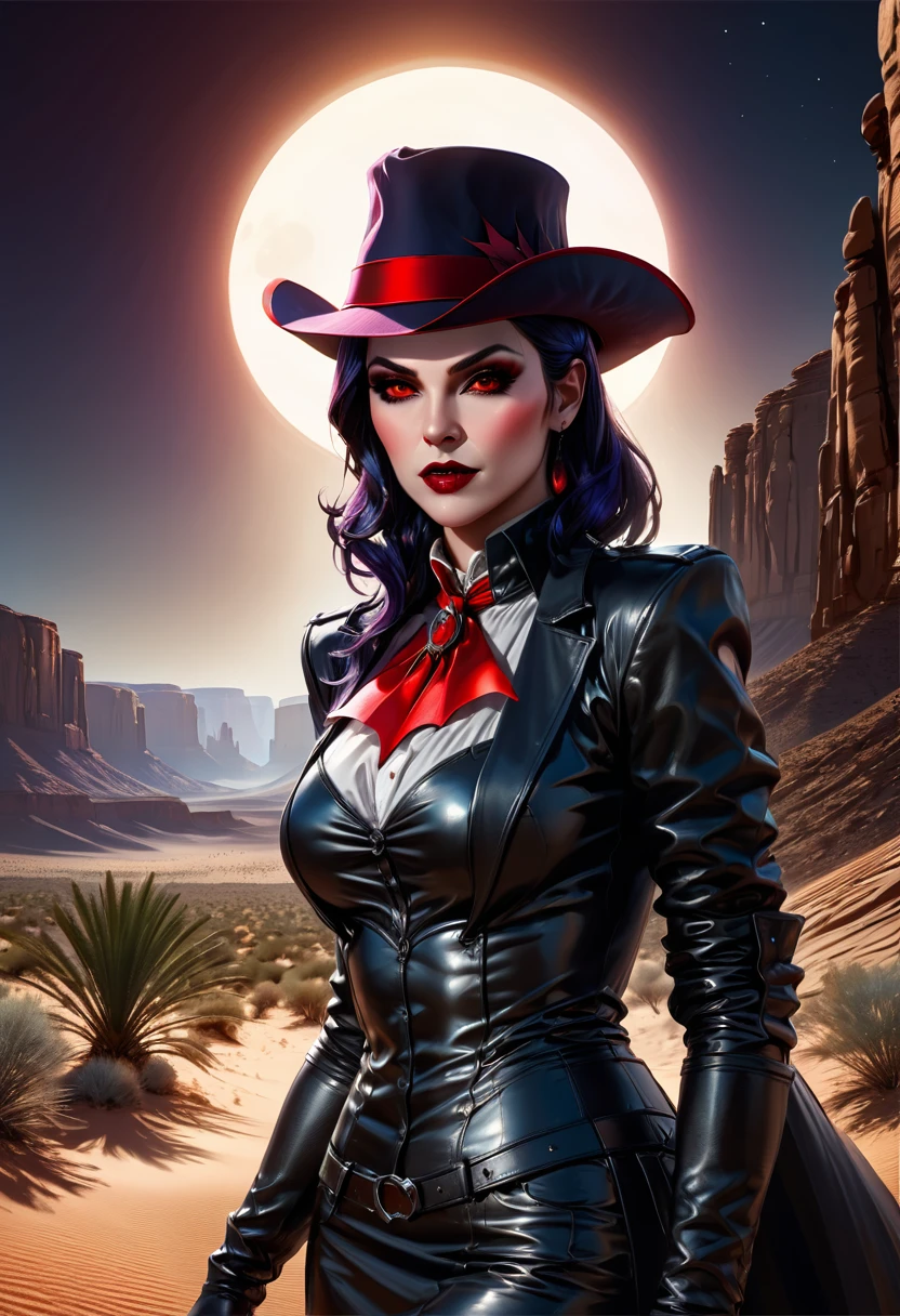 (wild west black and white 19th century photograph style: 1.5) picture of a female vampire cowboy in the desert night, a goth beauty, exquisite beautiful female vampire, ((anatomically correct: 1.5), (ultra detailed face: 1.2), best detailed face, red glowing eyes, full body, busty, wearing white bottom shirt, short skirt, dynamic color. wearing (Gambler Crease hat: 1.2), wearing high heeled boots, wearing open black trench coat, flowing trench coat, (pistol in a holster: 1.1), it is night time in the desert, moon light. moon rays, west America desert canyon background, Hyperrealism style, vibrant, Ultra-high resolution, High Contrast, (masterpiece:1.5), highest quality, Best aesthetics), best details, best quality, highres, ultra wide angle, 16k, [ultra detailed], masterpiece, best quality, (extremely detailed) RAW, chumbasket art style, rpg portrait photograph,