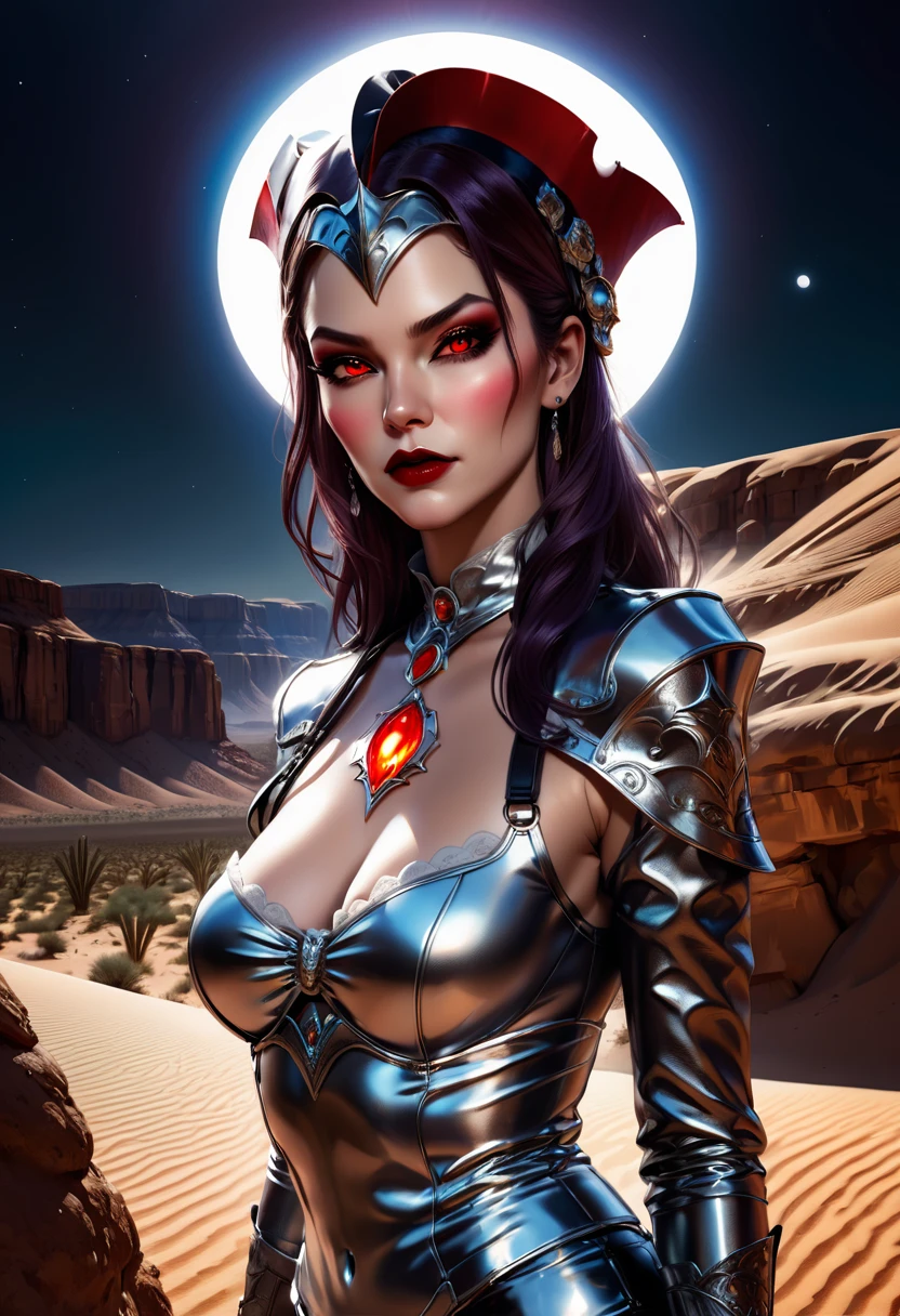 a picture of a female vampire cowboy in the desert night, a goth beauty, exquisite beautiful female vampire, ((anatomically correct: 1.5), (ultra detailed face: 1.2), best detailed face, red glowing eyes, full body, busty, wearing white bottom shirt, short skirt, dynamic color, wearing (Gambler Crease  hat: 1.2), wearing high heeled boots, it is night time in the desert, moon light. moon rays, west America desert canyon background, Hyperrealism style, vibrant, Ultra-high resolution, High Contrast, (masterpiece:1.5), highest quality, Best aesthetics), best details, best quality, highres, ultra wide angle, 16k, [ultra detailed], masterpiece, best quality, (extremely detailed) RAW, chumbasket art style, rpg portrait photograph