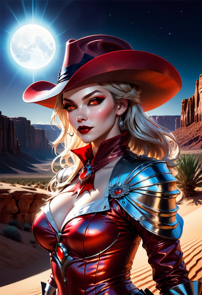 a picture of a female vampire cowboy in the desert night, a goth beauty, exquisite beautiful female vampire, ((anatomically correct: 1.5), (ultra detailed face: 1.2), best detailed face, red glowing eyes, full body, busty, wearing white bottom shirt, short skirt, dynamic color, wearing (Gambler Crease  hat: 1.2), wearing high heeled boots, it is night time in the desert, moon light. moon rays, west America desert canyon background, Hyperrealism style, vibrant, Ultra-high resolution, High Contrast, (masterpiece:1.5), highest quality, Best aesthetics), best details, best quality, highres, ultra wide angle, 16k, [ultra detailed], masterpiece, best quality, (extremely detailed) RAW, chumbasket art style, rpg portrait photograph