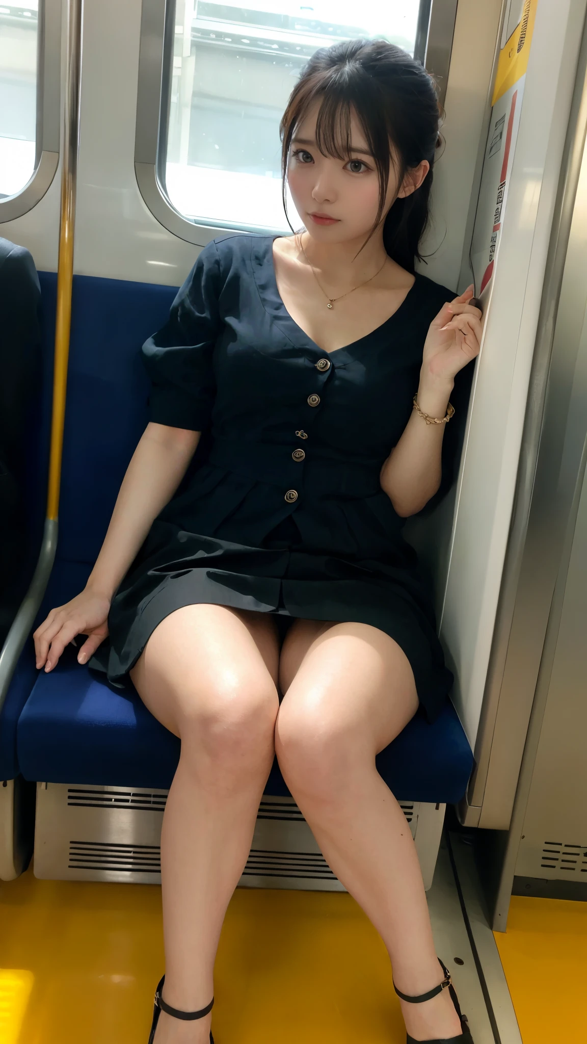 smile,one japanese woman,(masterpiece, Highest quality, 8K, RAW Photos, beautifully、aesthetic:1.2),  Intricate details, indirect lighting, Realistic,
whole body, Sitting on a chair on the train、Staring at the viewers、Voyeur、
 Square neck button-down linen sundress, 
 Training women , Chair to sit under skirt,openlegs