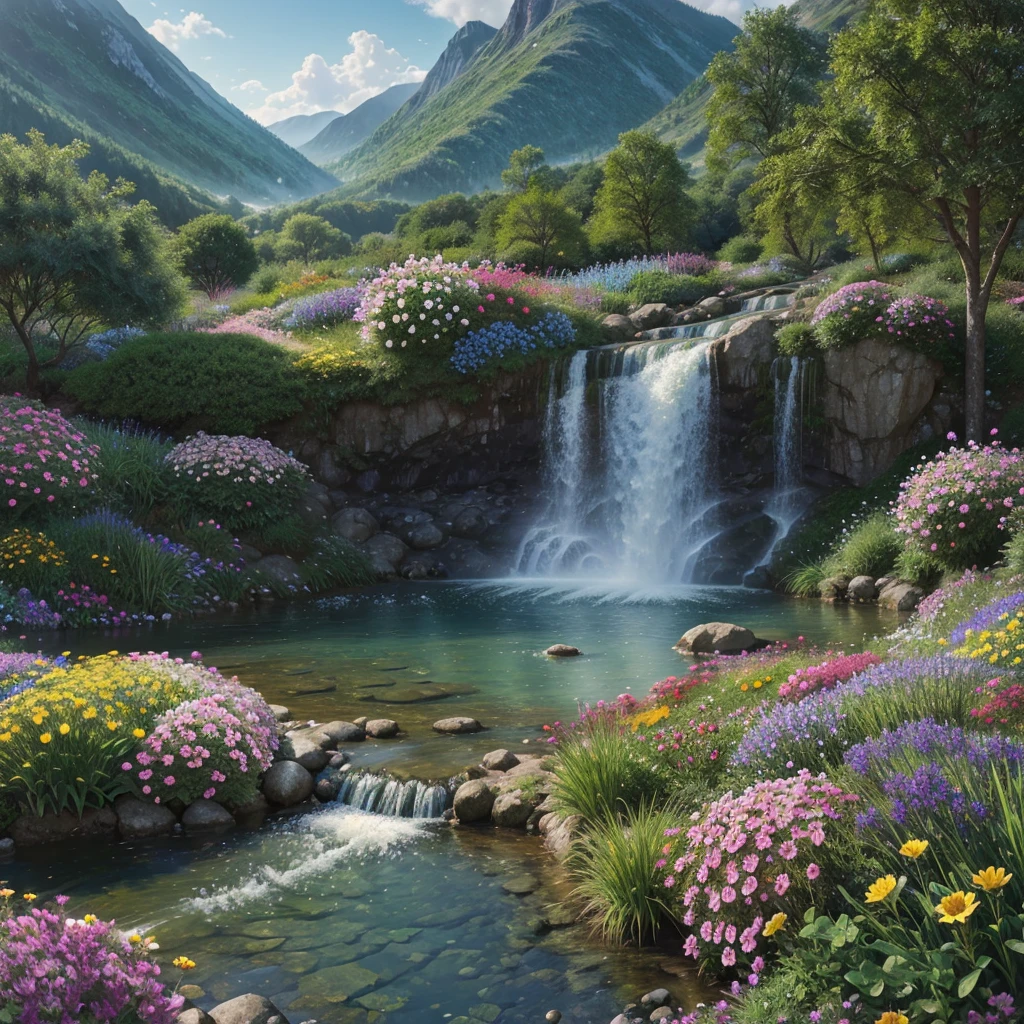 painting of a mountain garden paradise, beautiful scenery,bushes, ((colorful flowers:1.2)), sunlight over grass and flowers, dew, ((glistening look)), ((blue)) color stream water,waterwheel,dusk,waterfall,4k hd, cloud,beautiful art uhd 4 k, a beautiful artwork illustration, beautiful digital painting, highly detailed digital painting, beautiful digital artwork, detailed painting 4 k, very detailed digital painting, rich picturesque colors, gorgeous digital painting