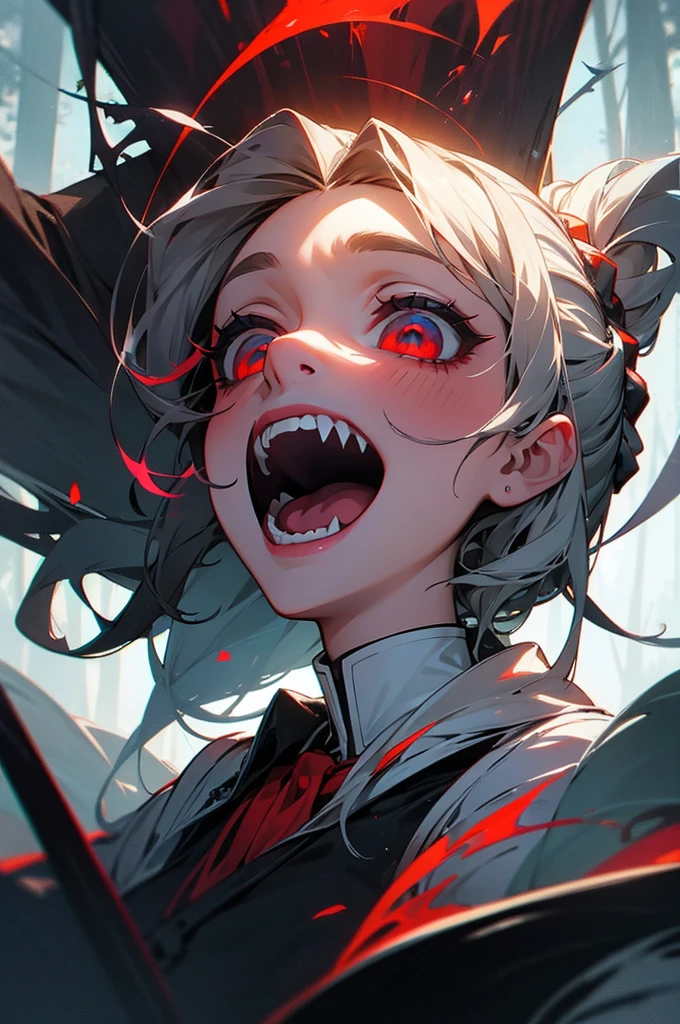 Highest quality, masterpiece,Gray Hair, Red eyes,White clothes, look up, Crawl,hair,Fair skin,Side braid, Dosmix, Screaming Fangs, In the forest lake, Gothic art, Psychedelic Art, Corrupted data, 3D reflection, Pixelated Stretch, Demonic humanoids, Multi-layer artwork, digital art masterpiece, intricate colorful masterpiece, eerie art style, Amazing artwork
