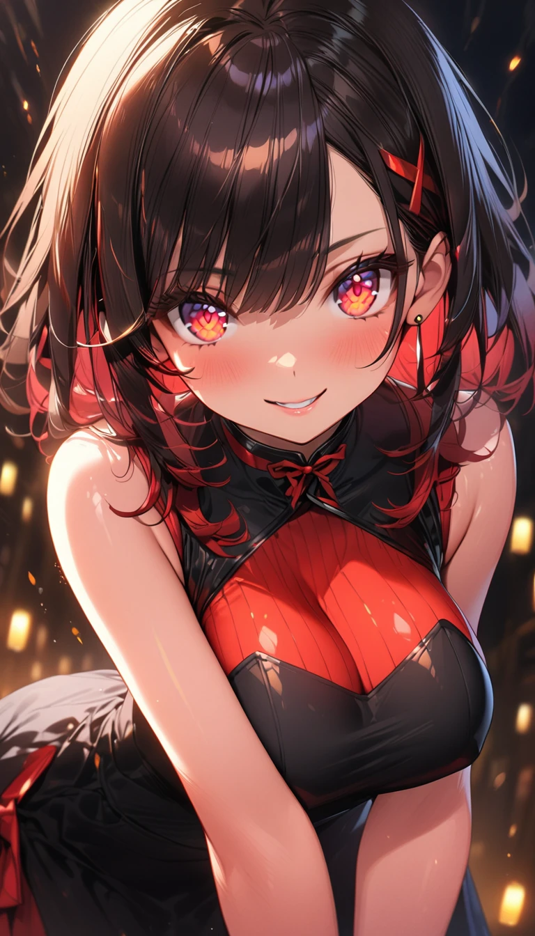 (Highest quality, 8k, 32K, masterpiece, Ultra-high resolution,:1.2), One girl, Super cute, shining eyes, 20-year-old, Fair skin, Black Hair, Glowing Skin, Shiny small, Dark brown eyes, Sharp focus:1.2, Highly detailed face and skin texture, Detailed eyes, Perfect Face, Perfect body, Blur the background, Japanese, seductive expression:1.4, leaning forward, cleavage, large breasts, teasing