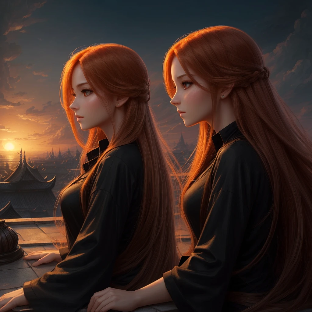 (high quality, ArtStation, Relax Art, fantasy style:1.2), (A beautiful girl, from side, looking at viewer), (long messy ginger hair), (black shirt), (palace rooftop, evening)