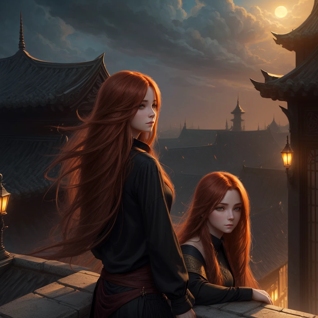(high quality, ArtStation, Relax Art, fantasy style:1.2), (A beautiful girl, from side, looking at viewer), (long messy ginger hair), (black shirt), (palace rooftop, evening)