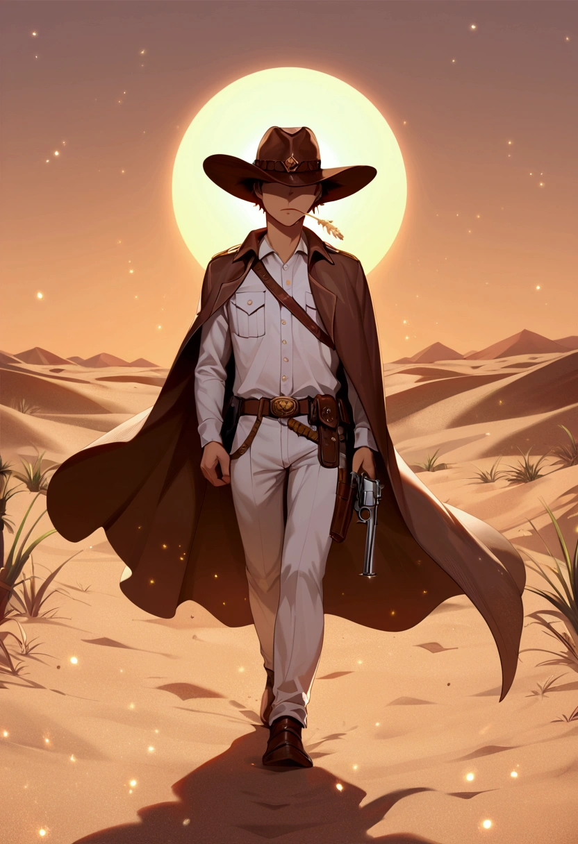 score_9, score_8_up, score_7_up, score_6_up, 1boy, 1 boy, alone, detailed face, cowboy, cowboy hat, covered eyes, straw in mouth, cowboy uniform, brown cape, desert background, walking, revolver, holding a revolver, dust particles, afternoon sun, warm lighting, warm colors,