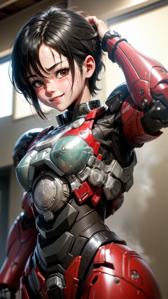 Highest quality　8k Red Battle Suit Girl　Elementary school girl　Sweaty face　Cute Smile　short hair　boyish　Steam coming out of my head　My hair is wet with sweat　Black Hair