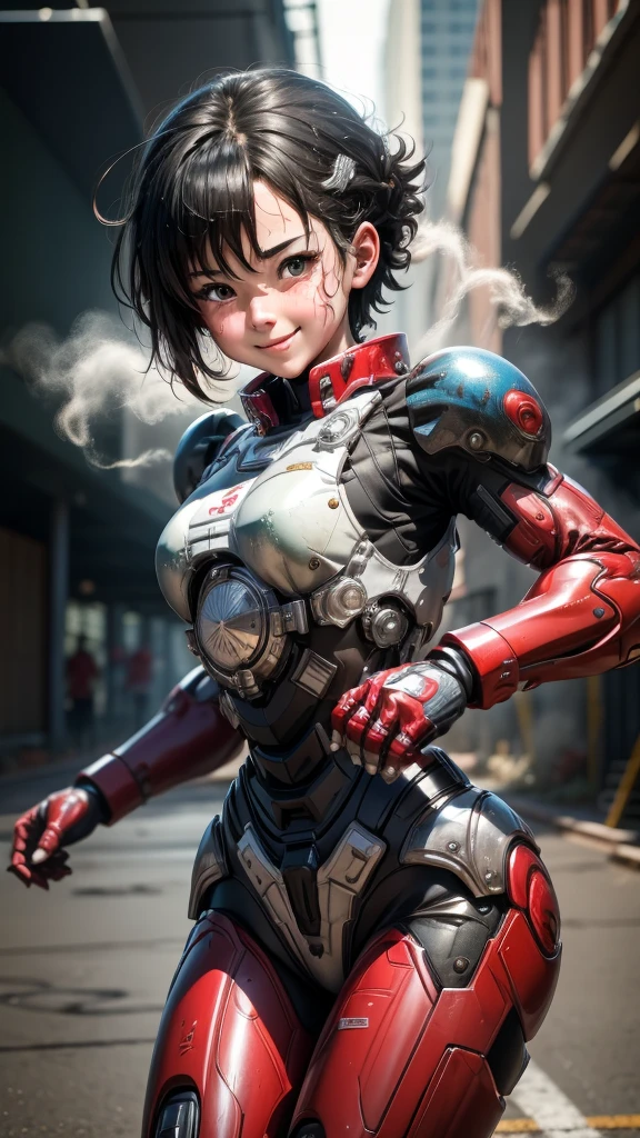 Highest quality 8k Red Battle Suit Girl Elementary school girl Sweaty face Cute Smile short hair boyish Steam coming out of my head My hair is wet with sweat Black Hair