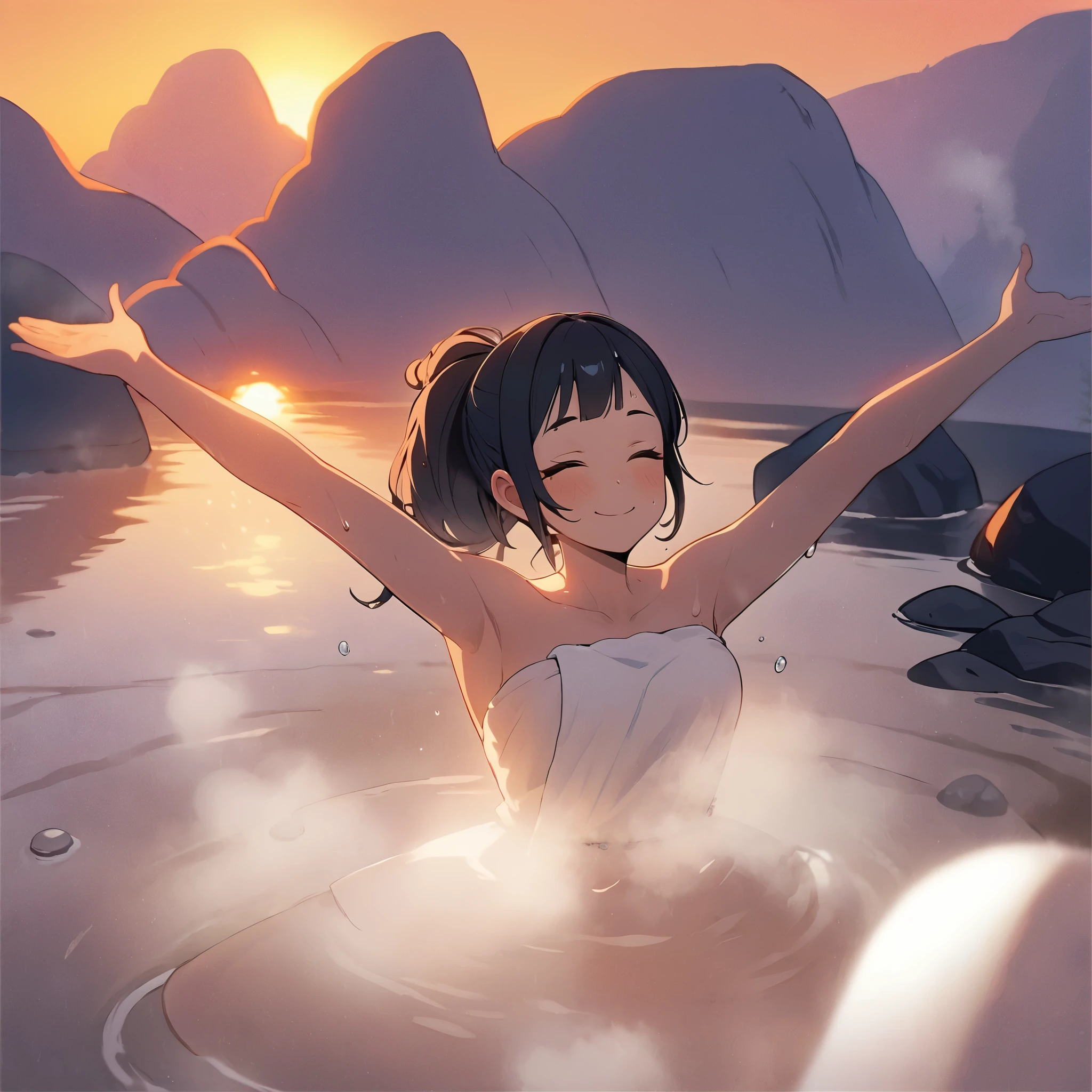 1girl、2d, flat、Black Hair、smile、Close ~ eyes、Sweat、towel、mist、Raise your hands、 (soak in the hot spring water up to her chest), hair up,Sunset, evening、summer、Opaque hot water、rating_safe