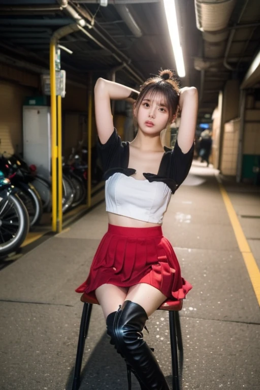 (Very detailed, Underground carpark,  E Cup, sexy, Delicate face,Thighs、over-the-knee socks、From below、Slender,Knee-high,Pleated skirt、胸のvalley、valley、Professional Photographer,4K,Japanese、Beauty、Beauty,Japanese、Cinematic light、Race Queen、Knee-high boots、Realistic、Red racing queen costume、Knee-highブーツ、Bun Wave Hair、arms behind head、sit on a chair with one's legs crossed、Big Breasts、wink、


