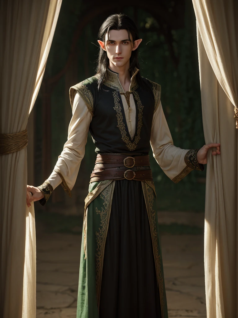(best quality), 1boy, male, pale skin, black hair, medium hair, curtain hair, tousled hair, green eyes, perfect eyes, dark circles under eyes, tall, slender, handsome, strong jawline, lazy, light smile, attractive, (elf), pointed ears, fantasy clothes, masterpiece, anatomically correct, highres