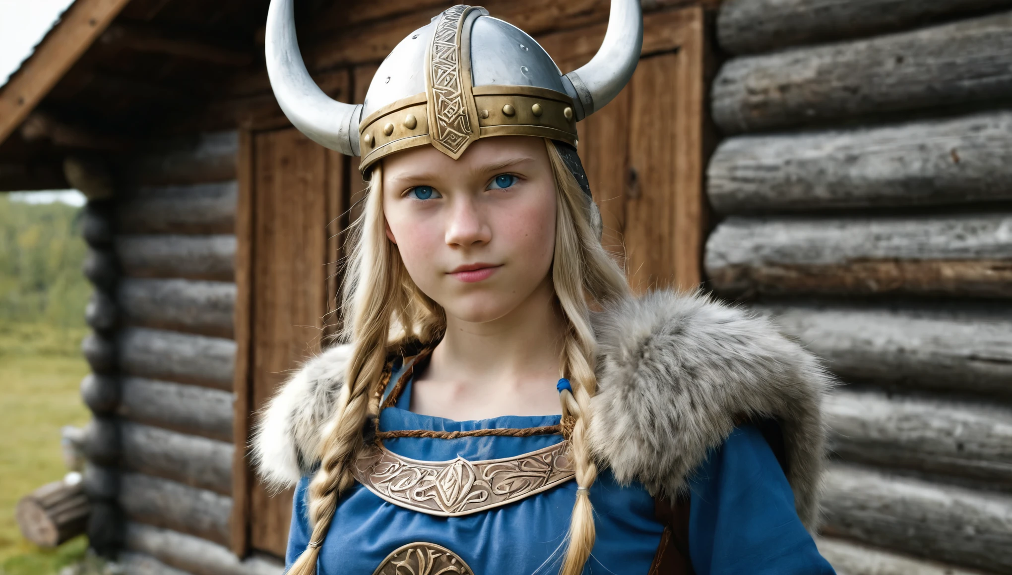 front view, Viking girl,12 century, looking at viewer, Sweden Young girl, beautiful female, 18 years old, (Highly detailed face, Ordinary eyes, Blue eye, gold hair, Variegated eyes, Fuller lips, little Lips, little smile), (Middle breasts, Slender Whist, Middle Hip) ,(Viking costume, clothes, Viking helmet), standing pose, near log house, evening