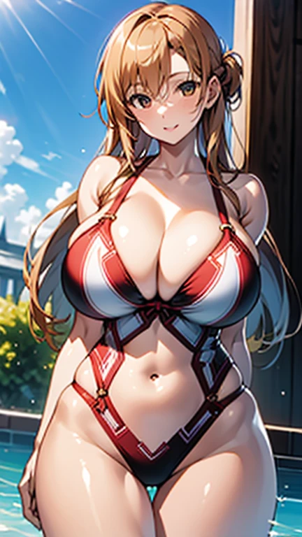 ((Highest quality))、((Very detailed))、(Huge breasts:1.6)、(Wide Hips:1.4)、(Beautiful Skin)、(Gravure idol pose)、(slouch)、beautiful、20-year-old、Poolside、Natural light、smile、Detailed embroidery、Swimwear、Splash、Emphasizing valleys