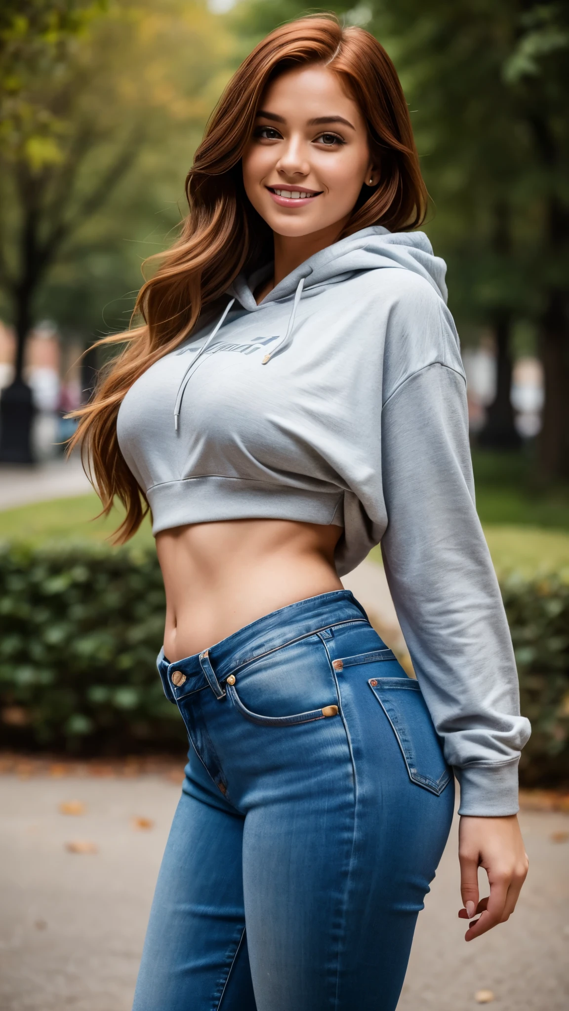 realistic body shot photo of spanish red head chubby smiling long hair woman dancing in front of camera wearing a jeans and hoodie, park, glamour photoshoot, perfect anatomy, Perfect eyes. Perfect hands with 5 fingers on each hand. fit girl, looking into the camera, strong hip:1.2, wide hip:1.3, 26 yo woman. (Eye makeup:1.1), (highly detailed skin:1.1), RAW, analog style, sharp focus, 8k UHD, DSLR, high quality, Fujifilm XT3, grain, award winning, masterpiece.