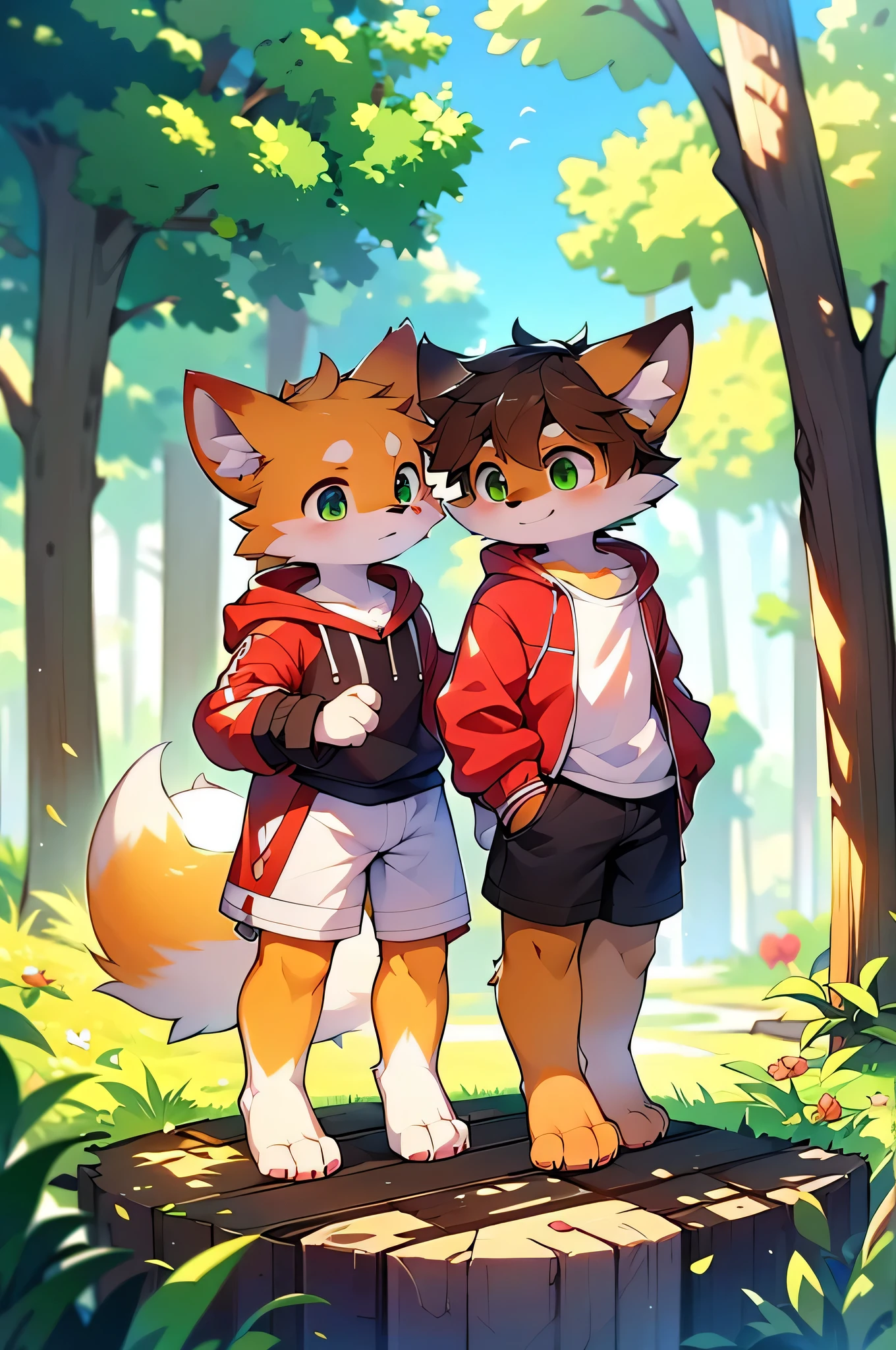 Furry,Fox,boy,8k resolution,最High resolution,                   High resolution,Wearing a hoodie,Green Eyes,summer,Stand on your feet,Two legs,Five fingers on a hand,Five toes,tall,：tall stature,fit,medium,Standard