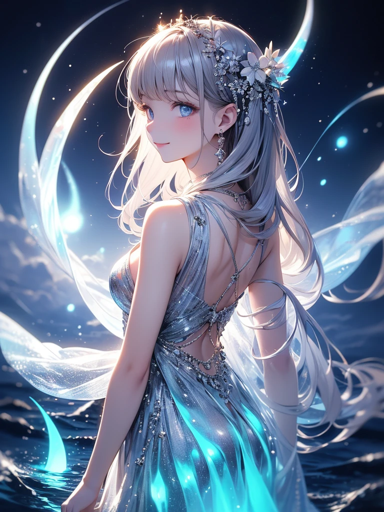 (masterpiece:1.2),(4k),high quality,(perfect anatomy),((arms behind side)),(1 girl),(goddess of the moon),Artemis,silver long hair,beautiful detailed blue eyes,a shy smile,look at viewer,(bioluminescent dress),Undeservedly beautiful,dreamy romantic,fantastic and dreamy theme,mysterious atmosphere,enchanting dream,fantastical scenes,Add a dramatic and symbolic element to your scene,(silver moon),(silver moon light)
