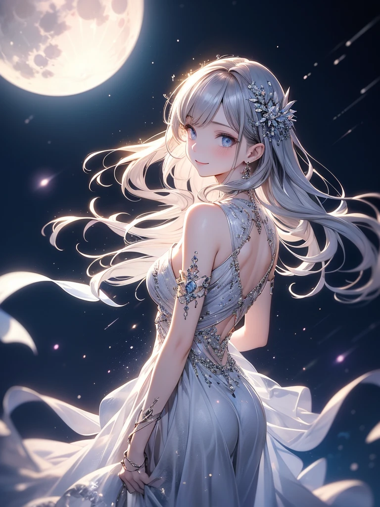 (masterpiece:1.2),(4k),high quality,(perfect anatomy),((arms behind side)),(1 girl),(goddess of the moon),Artemis,silver long hair,beautiful detailed blue eyes,a shy smile,look at viewer,(bioluminescent dress),Undeservedly beautiful,dreamy romantic,fantastic and dreamy theme,mysterious atmosphere,enchanting dream,fantastical scenes,Add a dramatic and symbolic element to your scene,(silver moon),(silver moon light)