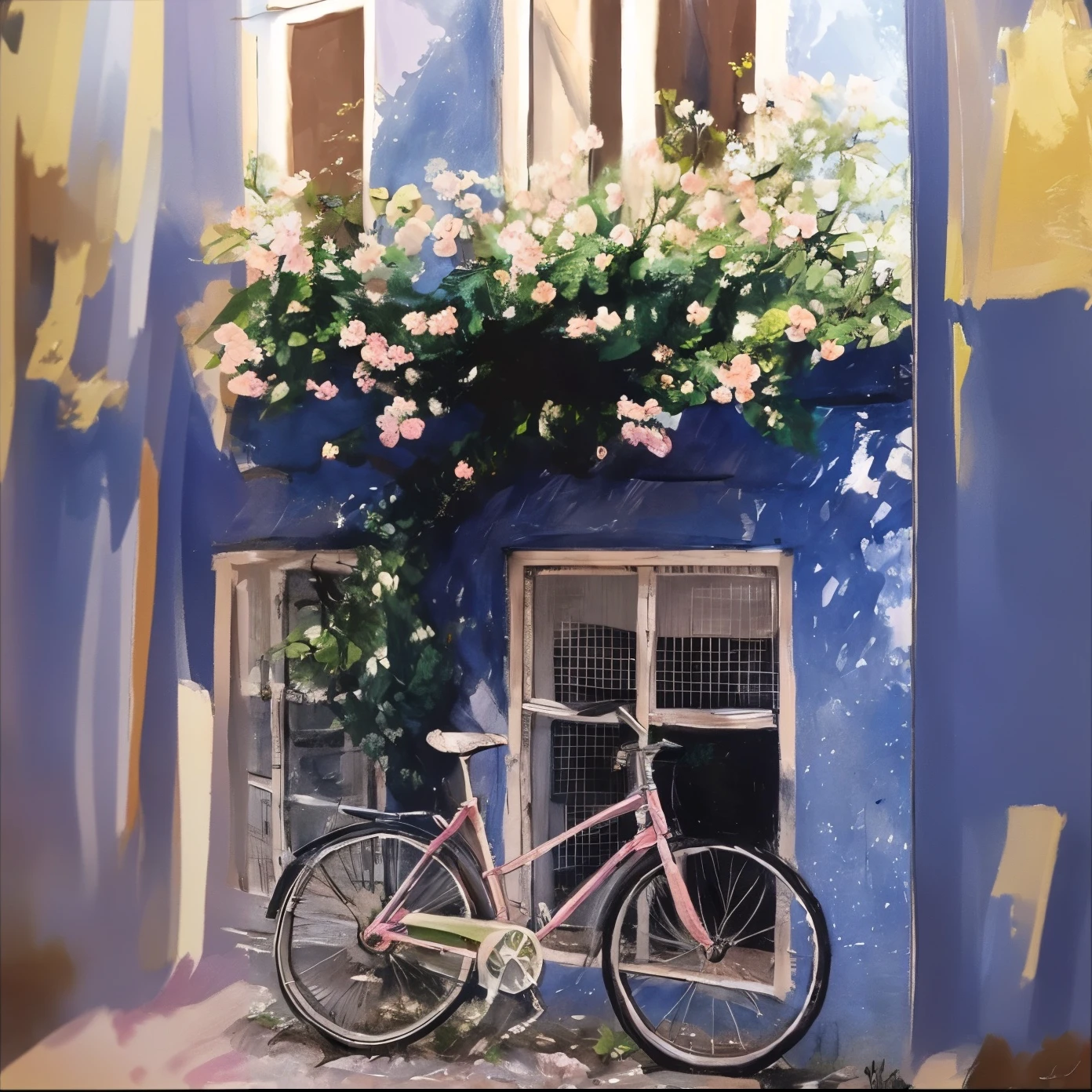 masterpiece, beautiful, distinct, best aesthetic, super fine illustration, pink bicycle, parked, blue building, white windows, red roof, sunny day, street, cars parked, trees, green leaves, low angle, Impressionism, Van Gogh style, Impasto, Sfumato, Detailing , #painting method
Impasto,pointier painting method , pointillism technique,repoussoir,
Sfumato , Detailing oil pastel art ,impressionism, Van Gogh style , Detailing digital painting