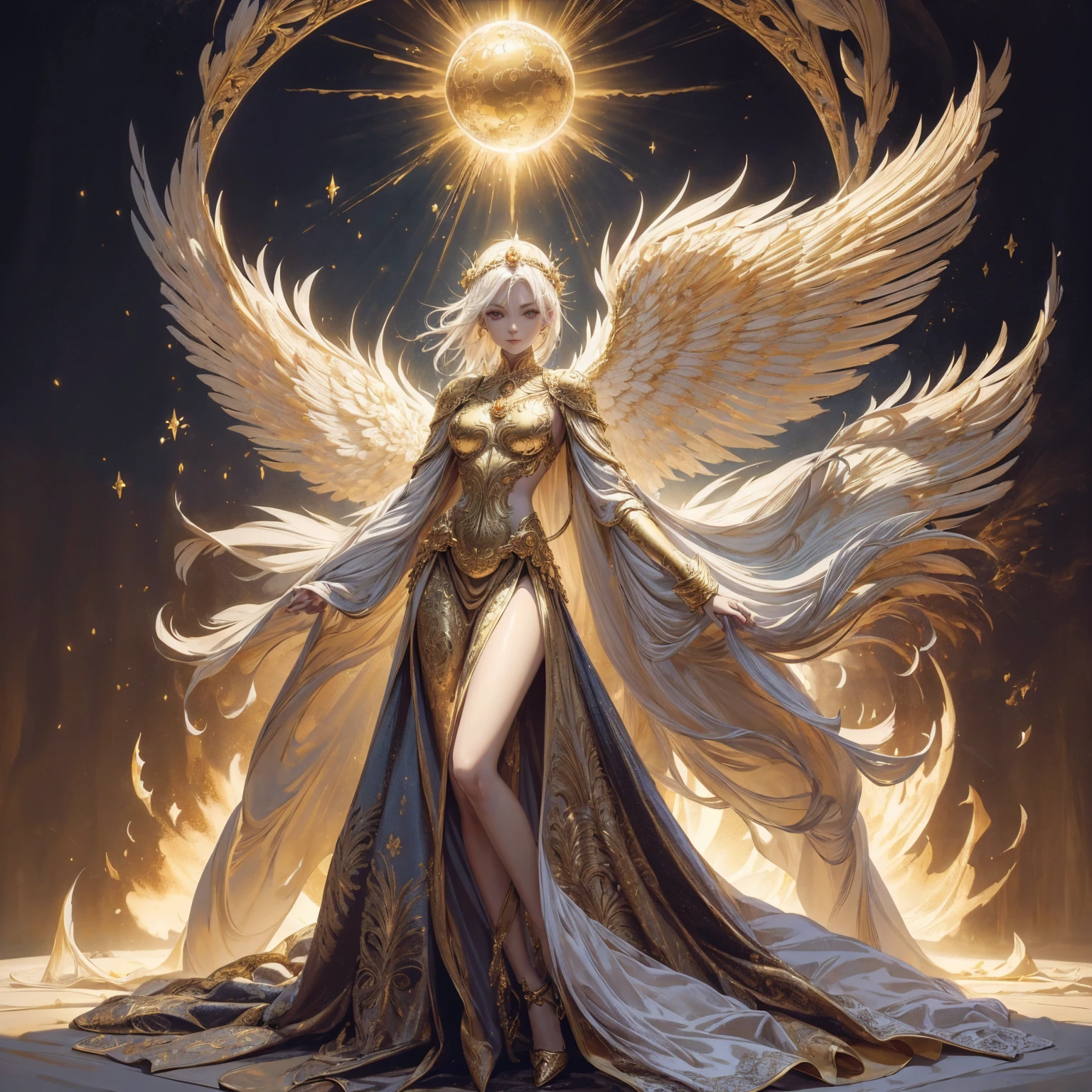 Art of Woman Wearing Sun Crown, Wearing a gorgeous golden breastplate that exposes a small amount of skin above the chest, Wearing a gorgeous golden dress, A pair of giant angel wings taller than the body spread out behind the woman., ancient goddess art, Sacredness. Very detailed, Mysterious inspiration, Inspiration from the Sun God, Religious inspiration, A divine background, Cold and snobbish face, Dangerous expressions, White hair, Standing pose floating in the air, One of the hands holds a brilliant sphere as bright as the sun., Full body portrait, Gothic art style, Weird art style, Occult art