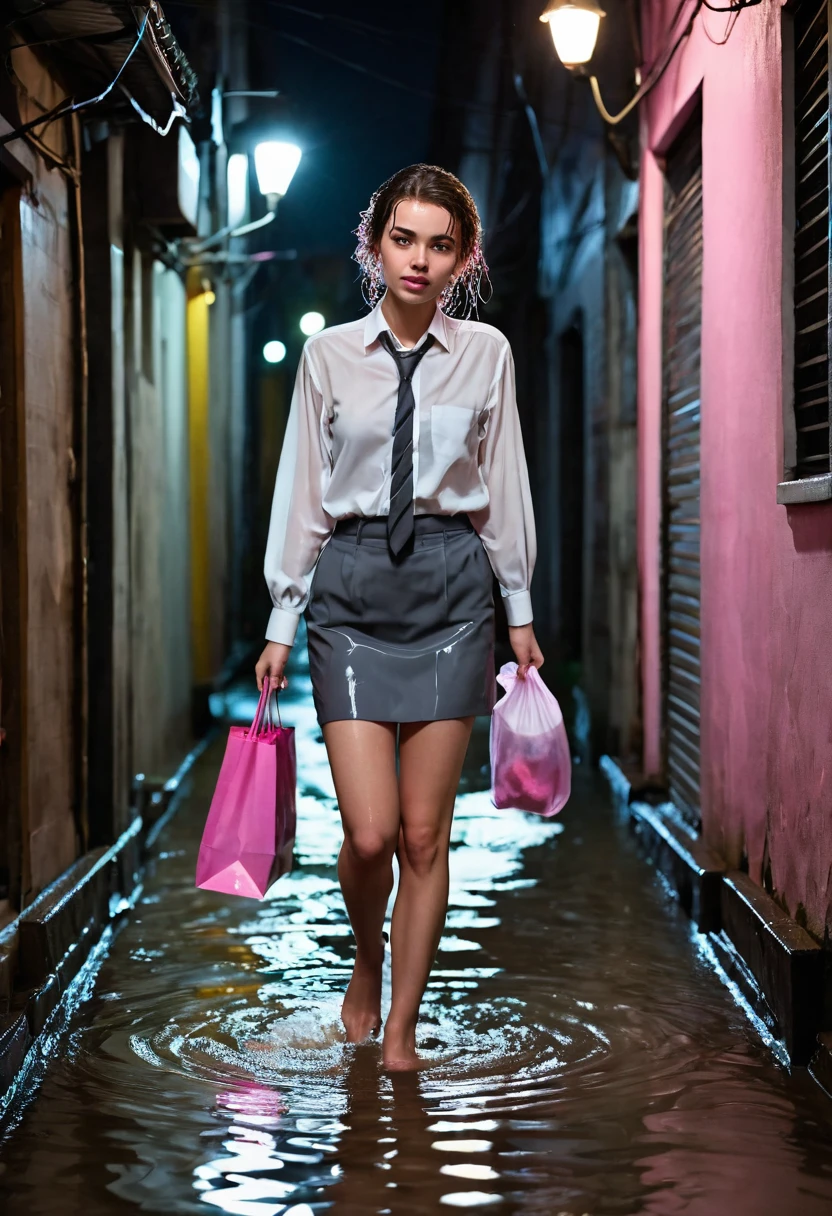 Create a scene in a narrow alley during heavy rain at night. A young woman walks through a flooded street, wearing a wet with a white blouse,
dark tie, and a gray skirt. She carried a tote bag on one shoulder and a pink plastic bag in her other hand. Her hair is wet, and he looks a little disheveled but composed, with one hand raised to his head. the alley is illuminated by warm street lights.