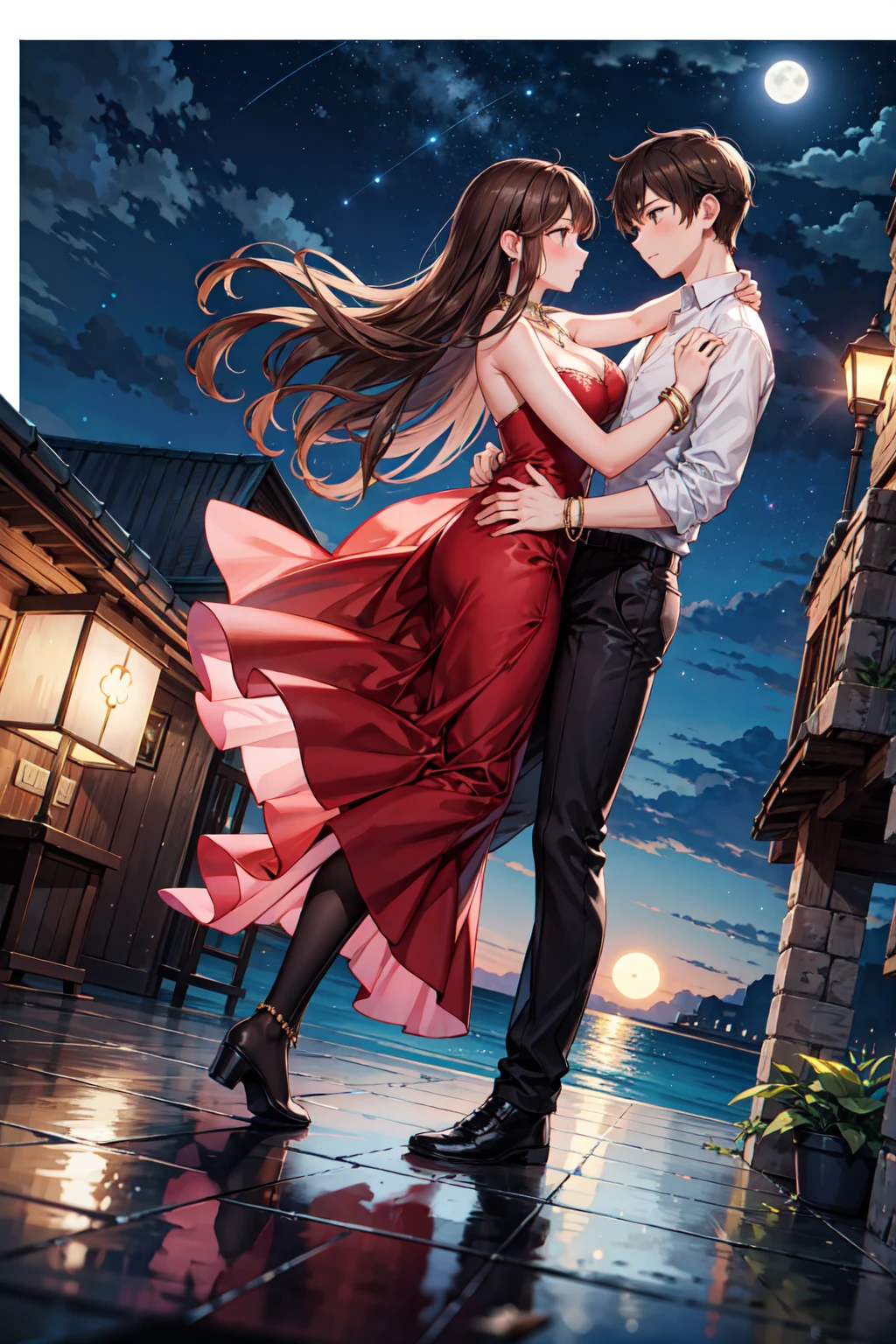a masterpiece, stunning detail, an action shot, low angle, (top quality)), ((masterpiece)), a long hair girl, transparent long red dress, dance remove with a man, lamps, brown hair, shirt, black hair, 1boy, cleavage, jewelry, remove, hetero, multiple couples, pants, looking at another, bracelet, transparent dress, ,outdoors, full moon, strong wind, outdoors, full body, starry sky, at sea,,outdoors,(remove:1.2) Ultra HD, Practical, Vibrant colors, High Detail, Ultra HD绘图, Perfect composition, Beautifully detailed complex