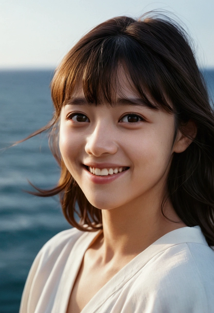 best quality, masterpiece, Ultra-high resolution, (film grain: 1.4), digital photography, Bangs, movie lighting, (Fuji color: 1.2) portrait,, 1 girl, alone, Face the audience, Smiling, (Close-up of face), Unclog pores, looking at the audience, Ocean background (actual: 1.2)
