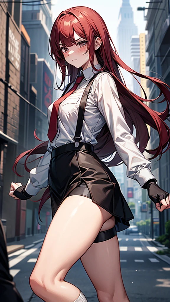{{Dynamic composition}},{{masterpiece}}, {{{Highest quality}}},{{Very detailed}}, ,{{blushing with anger}},{{v-shaped eyebrows}},{{figure}},{{tall}},{{Adult female}},,{{Fighting stance}},{{from below}},{from side},{{Long sleeve mini skirt uniform}},{{suspenders}},}}{}},{fighting stance}},{},{in the midst of battle}, ,{{}},{{Eyelet foot}},,{{}},{{action}},,Slender body}}{{Female police officer}},,,,suspenders ,Long sleeve mini skirt uniform, White High Socks,Black fingerless gloves, Long Red Hair, Red tie,Straight hair ,Blunt bangs,Thigh holster,.amountn loafer,,blush,Wrinkles ,amount,Grit your teeth,suffering,v-shaped eyebrows.,Sweat dripping,Medium chest ,get annoyed,,slums,,Twisting,