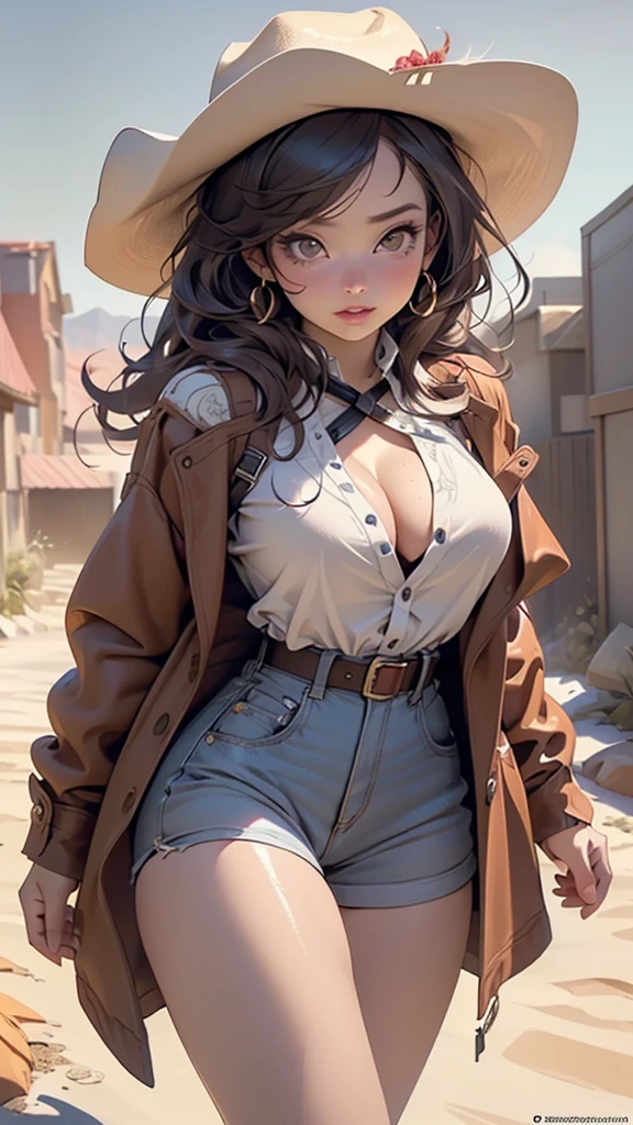 (masterpiece, best quality, ultra-HD, wallpaper, cinematic, photorealistic), (medium shot), ((alluring woman)), (perfect anatomy, voluptuous body, very glossy skin, reddish skin), (large cleavage, long round legs), (perfect hands, perfect feet), ((White graphic tee, denim jacket, and a black mini skirt)), ((Effortless curls with ash brown undertones)), ((Studded black belt, a black beanie, and white sneakers)), ((leaning on white wall)), ((sensual pose))