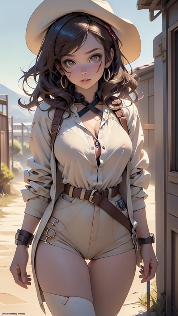 western girl,1girl,cowgirl,

(large breasts:1.5),((brunette hair,long curly brunette hair)),(((brown_eyes:1.3))),intricate eyes,beautiful detailed eyes,symmetrical eyes,((((lustrous skin:1.5,bright skin: 1.5,shiny skin,very shiny skin,shiny body)))),(spider lower abdomen,narrow waist,wide hip,athletic body,inflated legs,thick thighs),(((detailed face))),beautiful detailed lips, tiny waist,thighs, parted lips,

cute,slutty,sensual,seductive look,seductive,((erotic)),(((nsfw))),
 
((cowboy hat:1.5, cowboy western)),western,navel,cleavage,(Neckerchief, leather belt with integrated holster,chaps, harness, America, duster coat,western shirt,gun belt, slender, slender waist),(thin waist),torn clothes, 

dynamic pose,looking at viewer,embarrassed,centered,scale to fit dimensions,Rule of thirds,

outdoors,(in the mountains. Nevada desert visible. sunset),scenery,extremely scenery,(sunset, golden hour),

(Glossy old western ornaments),highres,sharp focus,(ultra detailed,extremely detailed),(photorealistic artwork:1.37),(extremely detailed CG unity 8k wallpaper),(((vibrant colors,vibrant theme))),(intricate),(masterpiece),(best quality),artistic photography,(photography taken by sldr),(intricate background),perfect rendered face,perfect face details,realistic face,photo realistic,((intricate detail)),(((realism))),
