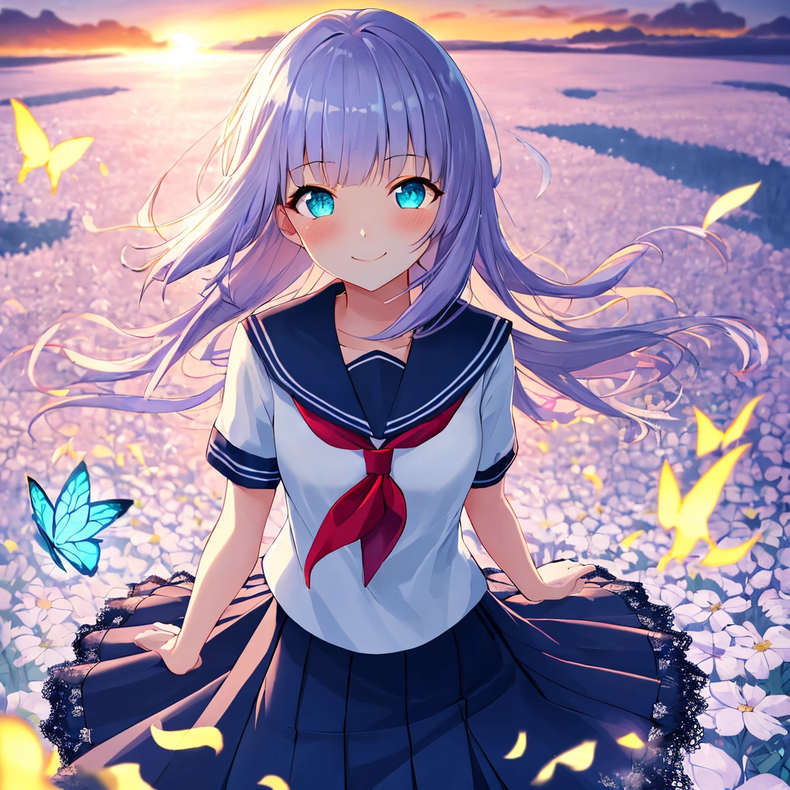 (( best quality, masterpiece, 4k, 8k, 16k, absurdrity, retina)), Ultra-Wide Angle, anime style, 1girl, smile, blunt bangs, drooping eyebrows, aqua eyes, glowing eyes, violet hair, meadow, smile, curtsy, white serafuku, blue sailor collar, red neckerchief, long white shirt, blue flowing pleated skirt, lace-trimmed skirt, BREAK looking at viewer, blush, facing shot:, sunrise backlighting, cloudy, purple and blue gradient sky, glowing butterflies, award winning, vibrant colors, flowers flying, bloom, petals falling, cowboy shot, view from above