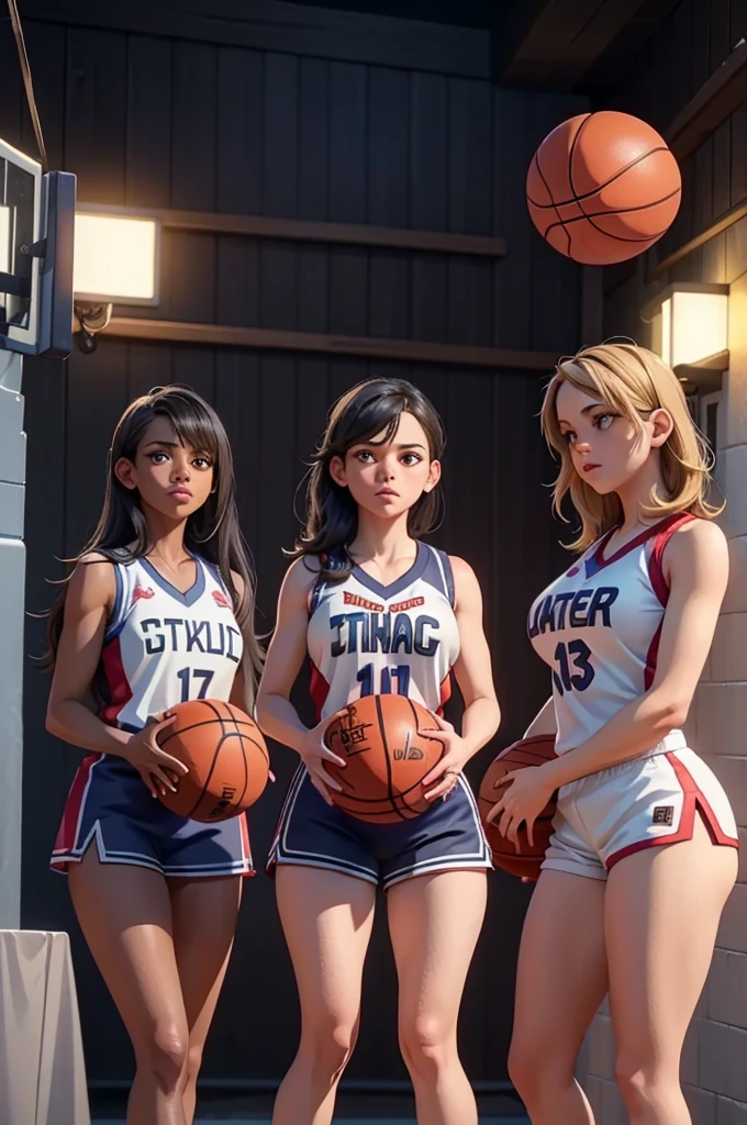 3 beautiful girls playing basketball, basketball court, extremely detailed, highly realistic, cinematic lighting, 8k, photorealistic, (best quality:1.2), (realistic:1.37), (extremely detailed:1.4), athletic, erotic, intimate, sensual, passionate, explicit, adult content, nsfw