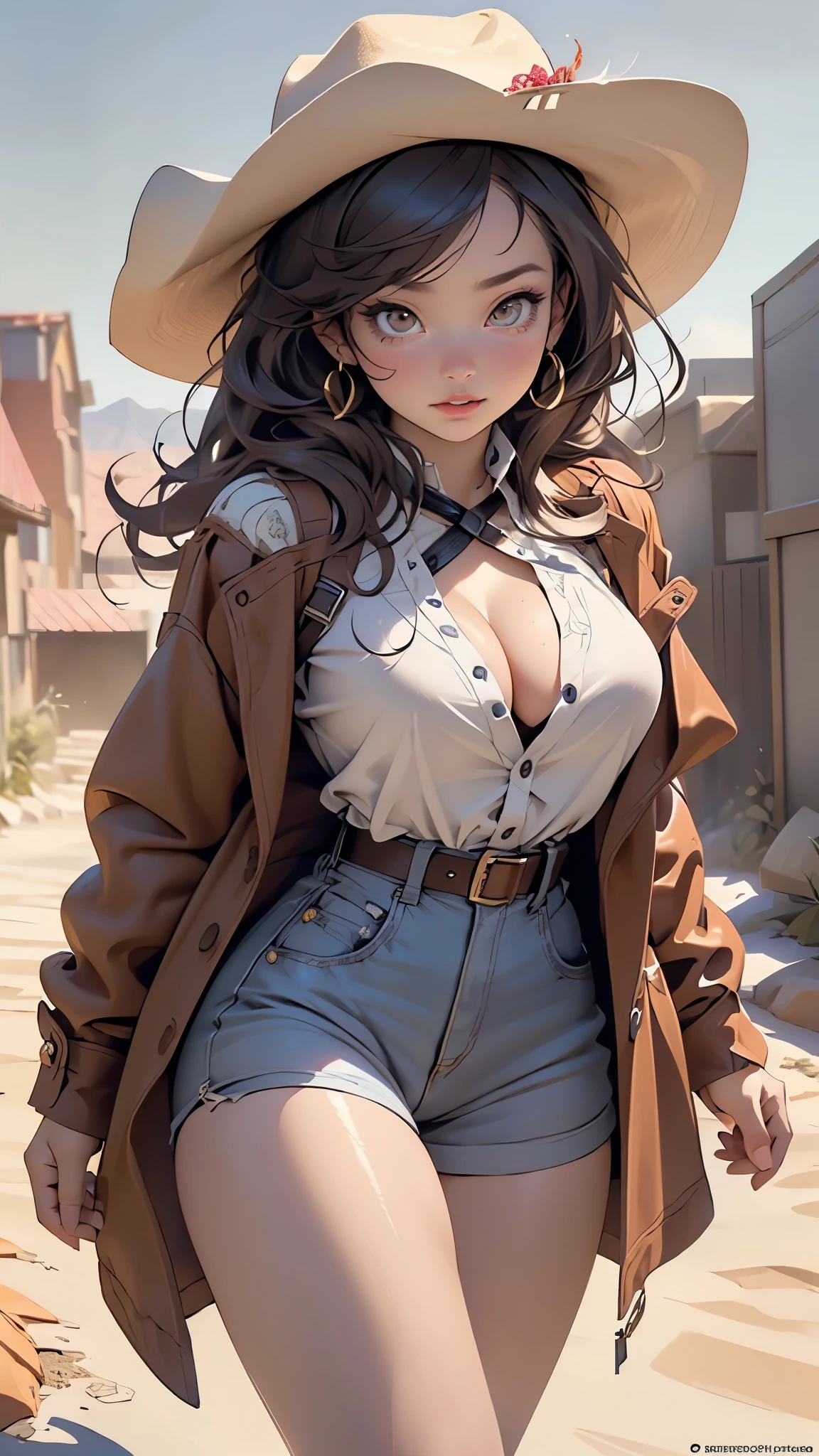 western girl,1girl,cowgirl,
(large breasts:1.5),((brunette hair,long curly brunette hair)),(((brown_eyes:1.3))),intricate eyes,beautiful detailed eyes,symmetrical eyes,((((lustrous skin:1.5,bright skin: 1.5,shiny skin,very shiny skin,shiny body)))),(spider lower abdomen,narrow waist,wide hip,athletic body,inflated legs,thick thighs),(((detailed face))),beautiful detailed lips, tiny waist,thighs, parted lips,
cute,slutty,sensual,seductive look,seductive,((erotic)),(((nsfw))),
((cowboy hat:1.5, cowboy western)),western,navel,cleavage,(Neckerchief, leather belt with integrated holster,chaps, harness, America, duster coat,western shirt,gun belt, slender, slender waist),(thin waist),torn clothes,
dynamic pose,looking at viewer,embarrassed,centered,scale to fit dimensions,Rule of thirds,
outdoors,(in the mountains. Nevada desert visible. sunset),scenery,extremely scenery,(sunset, golden hour),
(Glossy old western ornaments),highres,sharp focus,(ultra detailed,extremely detailed),(photorealistic artwork:1.37),(extremely detailed CG unity 8k wallpaper),(((vibrant colors,vibrant theme))),(intricate),(masterpiece),(best quality),artistic photography,(photography taken by sldr),(intricate background),perfect rendered face,perfect face details,realistic face,photo realistic,((intricate detail)),(((realism))),