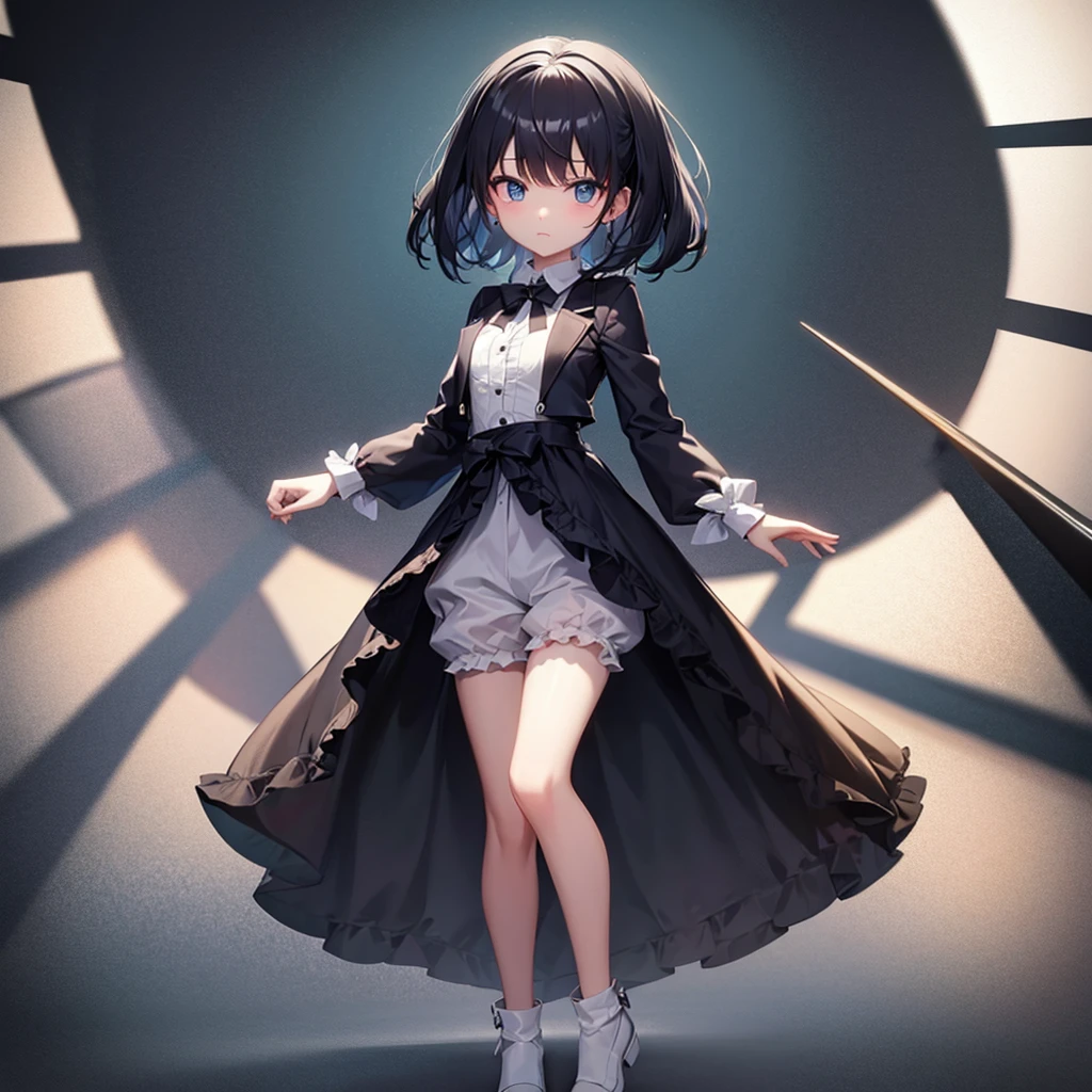 ((Bloomers)),mini skirt,Cute little ,Tiny ,Small girl,,Childish face, Very fine clean face,Top quality,Black Hair,(Dark Room), Subtle Light, Natural light,Soft lighting,Light from directly behind, (Are standing),With bust up,Front view,Black background