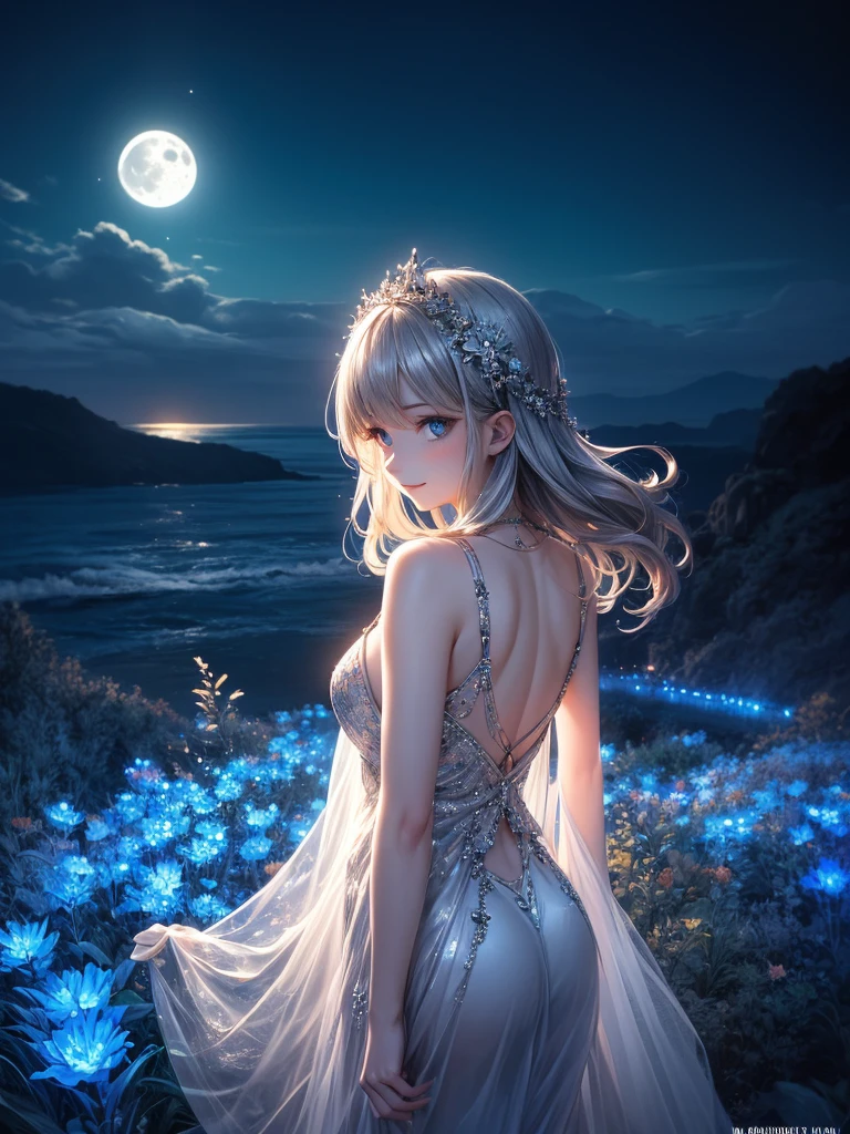 art by Cornflower,(masterpiece:1.2),(4k),high quality,(perfect anatomy),((arms behind side)),(1 girl),(goddess of the moon),Artemis,silver long hair,beautiful detailed blue eyes,a shy smile,look at viewer,(bioluminescent dress),Undeservedly beautiful,dreamy romantic,fantastic and dreamy theme,mysterious atmosphere,enchanting dream,fantastical scenes,Add a dramatic and symbolic element to your scene,(silver moon),(silver moon light)