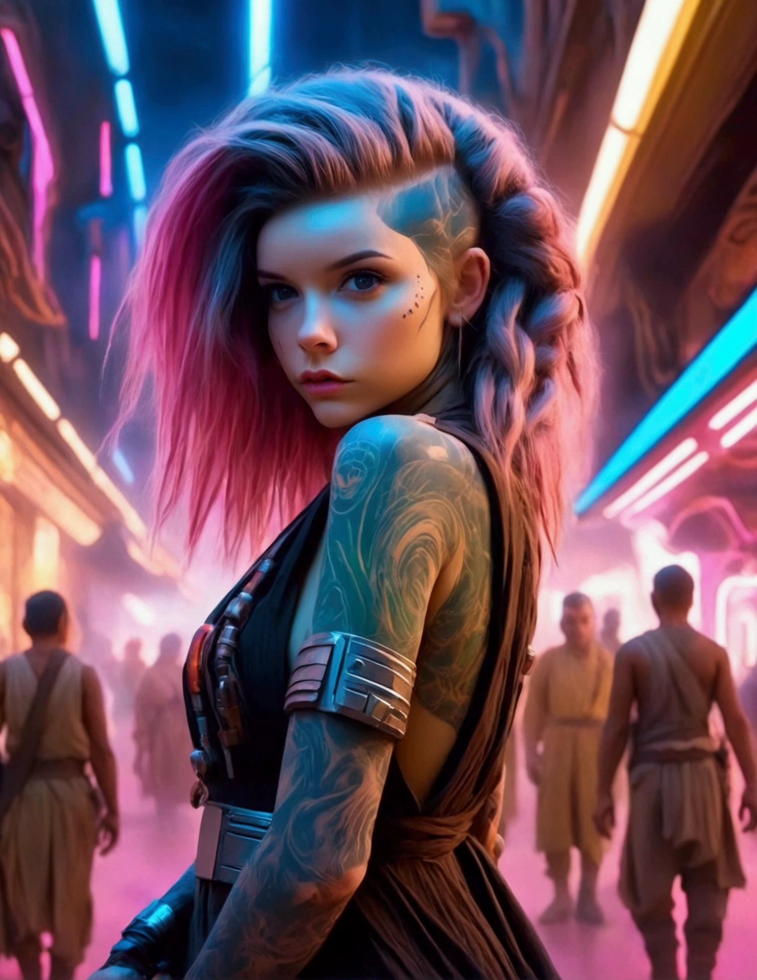 (Star Wars Punk)a lovely woman in an airy dress, marketplace on tattooine, aliens, star wars, cyberpunk, neon lights, crowd, futuristic, vibrant colors, detailed, photorealistic, 8k, high quality, cinematic, dynamic pose, beautiful girl, long flowing hair, intricate dress design, alien vendors, bustling marketplace, scifi atmosphere, dramatic lighting, advanced technologies, retro-futuristic, gritty urban, synergistic blend
