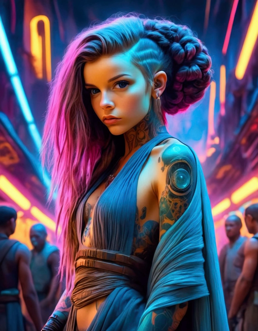 (Star Wars Punk)a lovely woman in an airy dress, marketplace on tattooine, aliens, star wars, cyberpunk, neon lights, crowd, futuristic, vibrant colors, detailed, photorealistic, 8k, high quality, cinematic, dynamic pose, beautiful girl, long flowing hair, intricate dress design, alien vendors, bustling marketplace, scifi atmosphere, dramatic lighting, advanced technologies, retro-futuristic, gritty urban, synergistic blend
