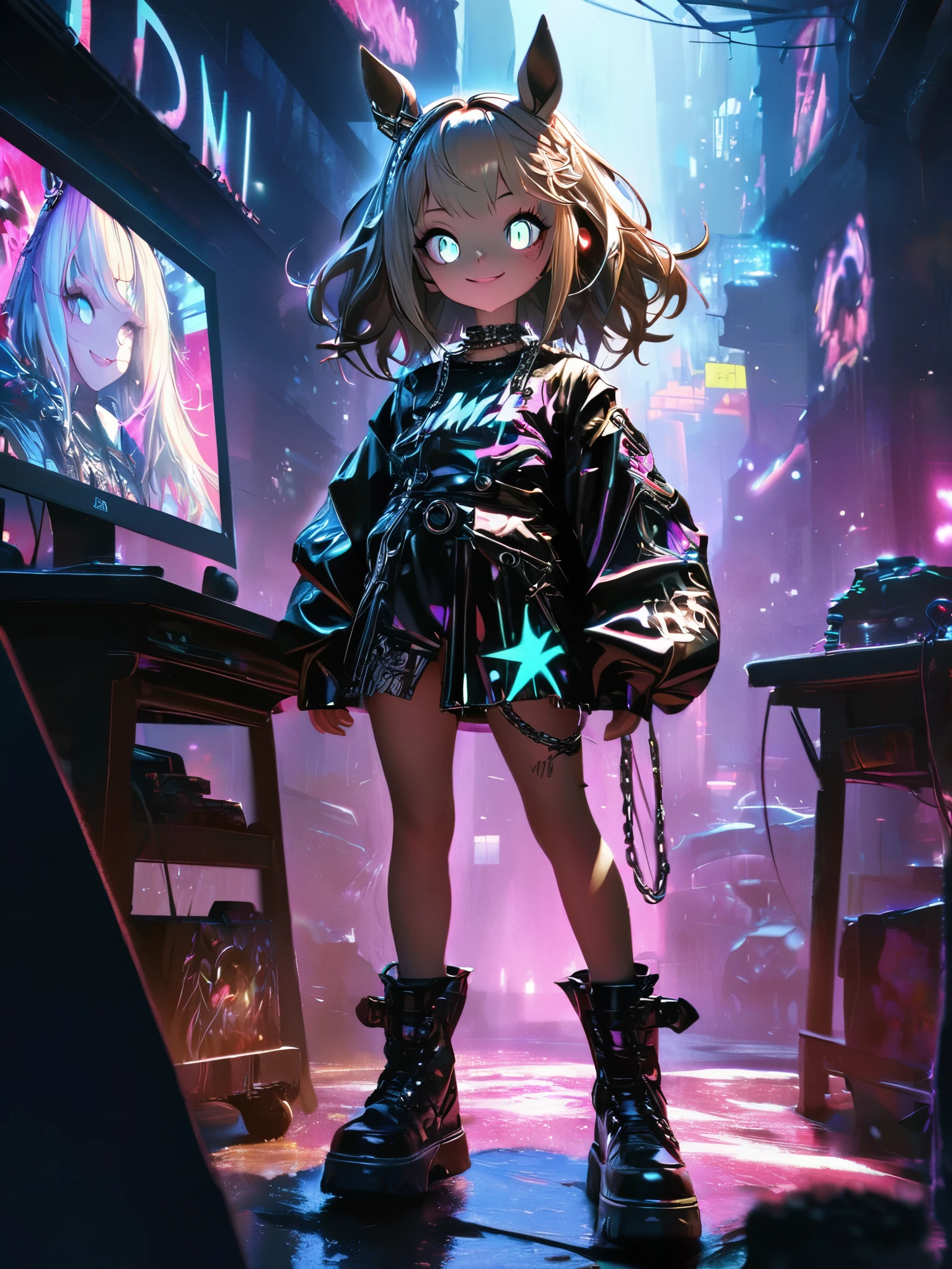 1 girl, chromatic aberration, Written boundary depth, Soft Light, masterpiece, Highest quality, complicated, Tone Mapping, Very detailed, Art Station, Concept Art, Smooth, Clear focus, Dramatic lighting, Very detailed artwork, movie, super practical painting, Art Station's trending, 8k, Incredible Shadows, practical, (Very detailed background:1.0), whole body, View, Viewers, Very detailed portrait of one girl 1, standing on street corner, Heavy rain and lightning、Dark Sky, neon and cyber punk background, she is dressed in punk clothing with silver chains and silver spikes, Her hair was dyed light brown.....,The middle part is black, Detailed black eyes with clear pupils, Ominous aura of light, smile, punk, ciber punk, Backlight.、,Approaching the horse、Horse woman.グラウンドを走るwhole body